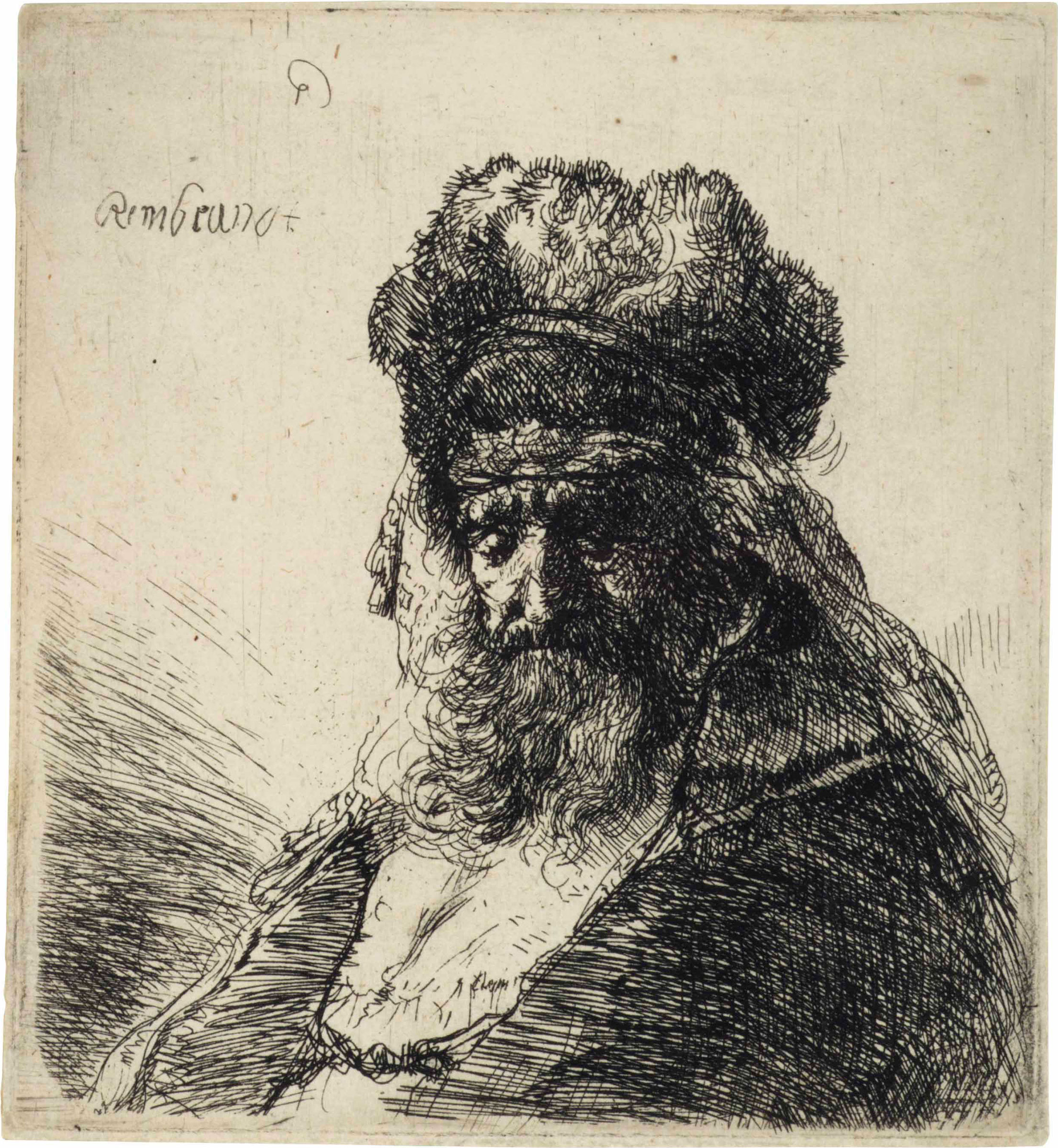 Rembrandt Harmensz. van Rijn (1606-1669), Bearded Old Man in Fur Cap, circa 1635. Etching. Plate 112 x 101 mm. Sheet 115 x 105 mm. Sold for $52,500 in Old Master Prints on 25 January 2017 at Christie’s in New York