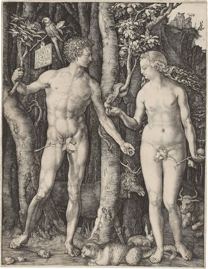 阿尔布雷特‧丢勒,《亚当与夏娃》(B., M,. Holl. 1; S.M.S. 39)。雕刻版画,1504年作。 此作于2013年1月29日在佳士得纽约售出,成交价662,500美元
