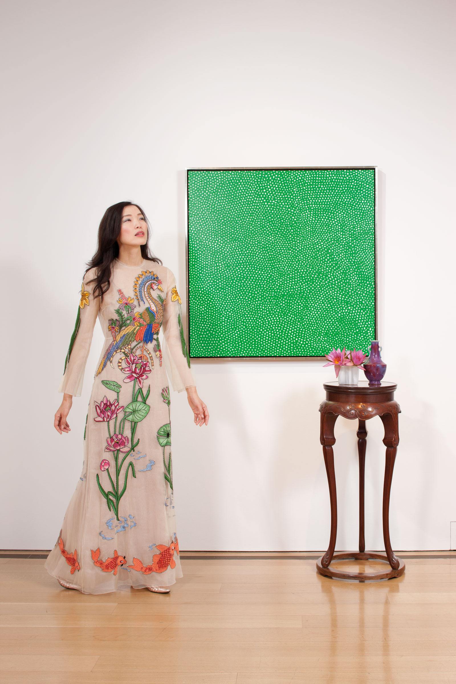 A flambé-glazed bottle vase, circa 1800. 17¼ in (43.8 cm) high. Estimate: $12,000-18,000. A very rare huanghuali circular incense stand, xiangji, 16th-17th century. 37½ in (95.3 cm) high; 17¾ in (45.1 cm) diam. Estimate: $400,000-600,000. These works are offered in The Marie Theresa L. Virata Collection of Asian Art: A Family Legacy on 16 March 2017 at Christie’s in New York, Rockefeller Center. Yayoi Kusama (b. 1929), Infinity-Nets WAASSO, 2008. This work is available through Post-War and Contemporary Art Private Sales