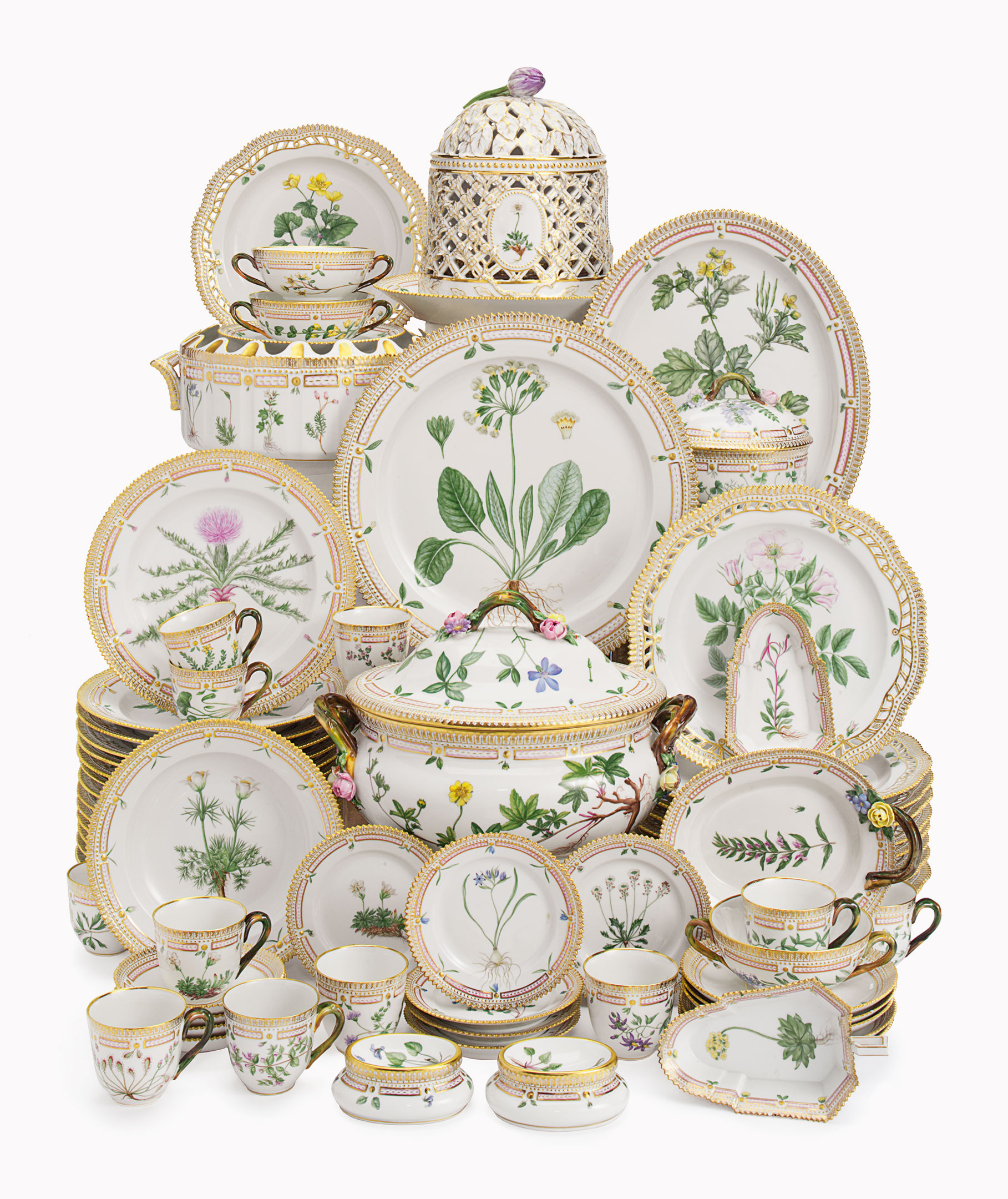 

A Royal Copenhagen &lsquo;Flora Danica&rsquo; part porcelain table service. 20th century, blue triple wave mark, pattern no. 20. Estimate: $30,000-50,000.&nbsp;This lot&nbsp;is offered in Betsy Bloomingdale: A Life in Style on 5 April at Christie&rsquo;s in New York
