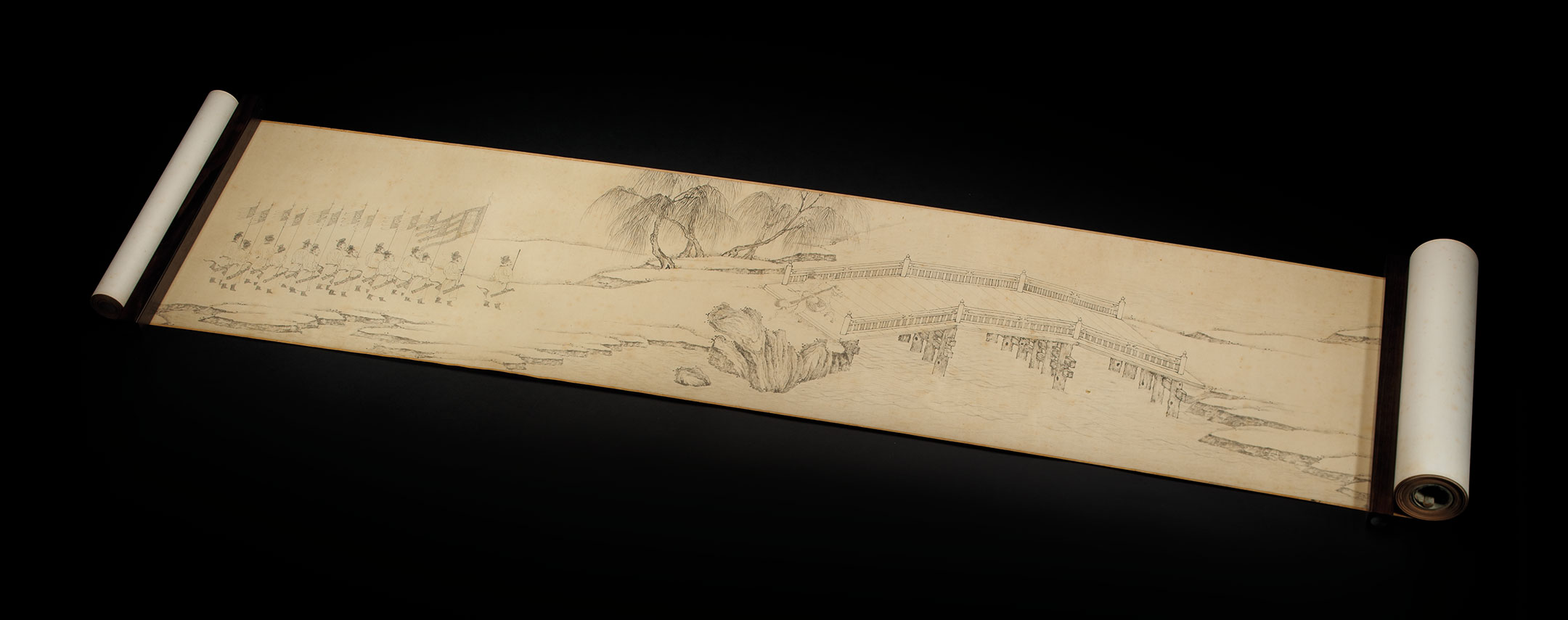 

Li Gonglin (1049-1106) as catalogued in Shiqu Baoji, Treaty of Bianqiao. Handscroll, ink on paper. Qianlong frontispiece: 10⅜&nbsp;x 21⅞&nbsp;in (26.4 x 55.7 cm); painting: 10⅜ x 352&frac12; in (26.4 x 895.4 cm). Sold for 17,607,500 in Important Chinese Art from the Fujita Museum on 15 March at Christie&rsquo;s in New York