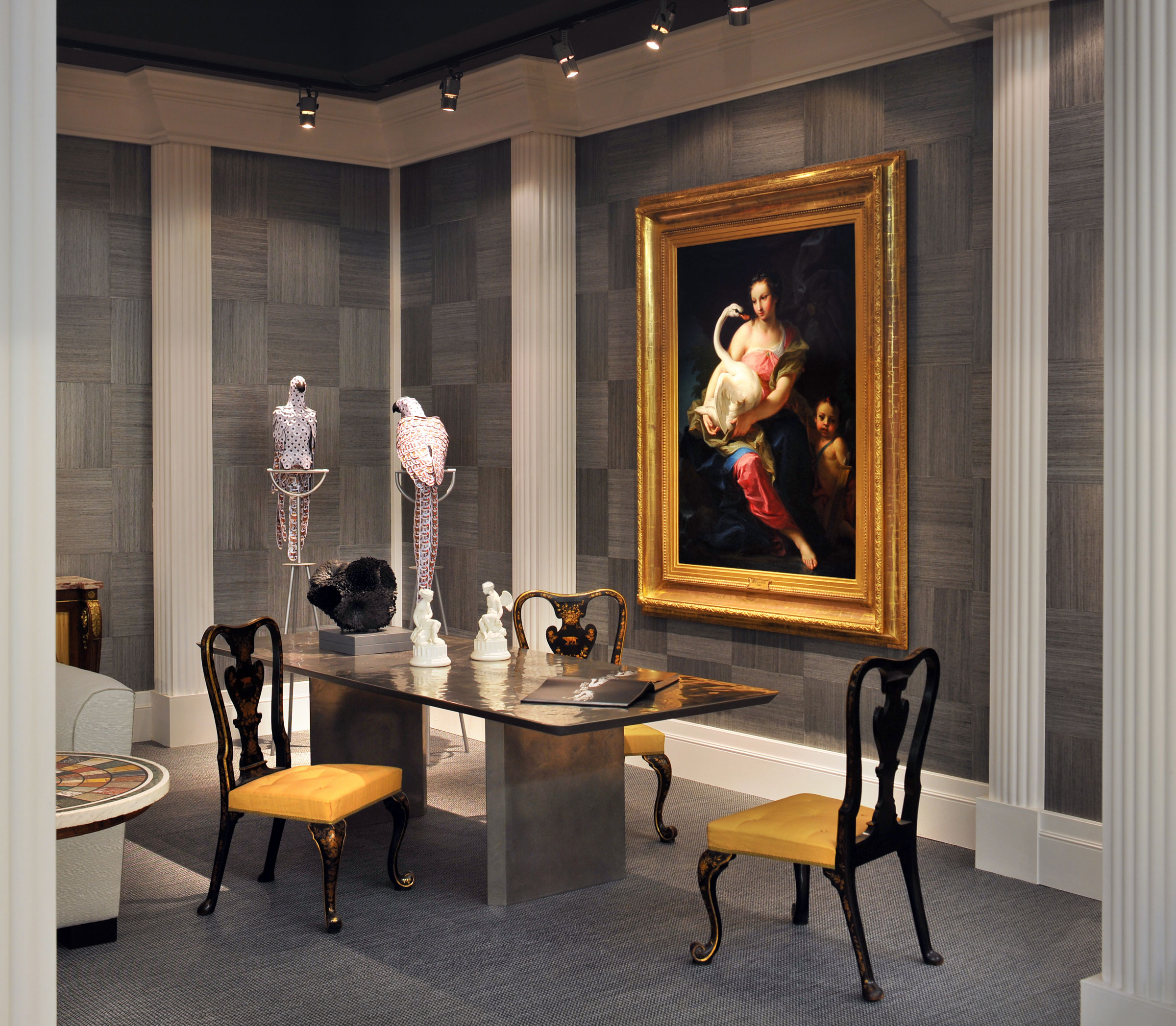 ‘Pairing of works together can bring out thematic links’: a Drake/Anderson display at Masterpiece London juxtaposes a painting of Leda and the Swan next to contemporary sculptures of birds made from playing cards