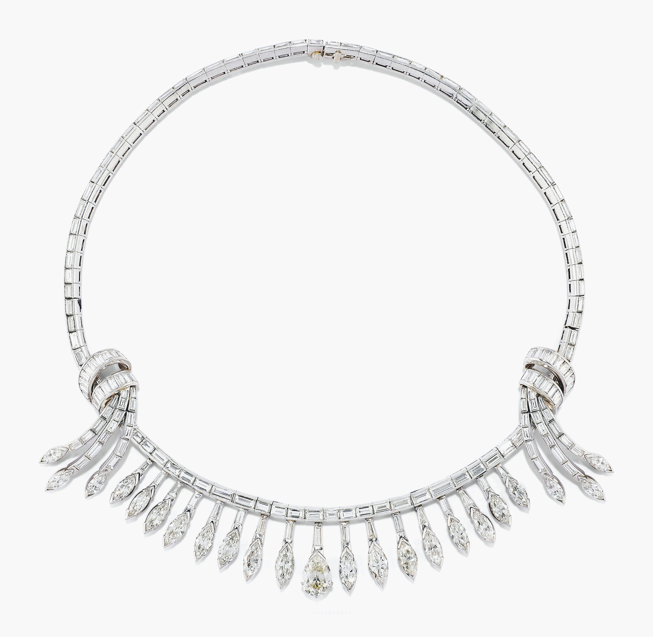 A diamond fringe necklace, with baguette-cut diamond line with tied ribbon details, suspending a fringe of graduated marquise-cut diamonds tassels with central pear-shaped diamond drop, sold for CHF 32,500 on 17 May at Christie's in Geneva