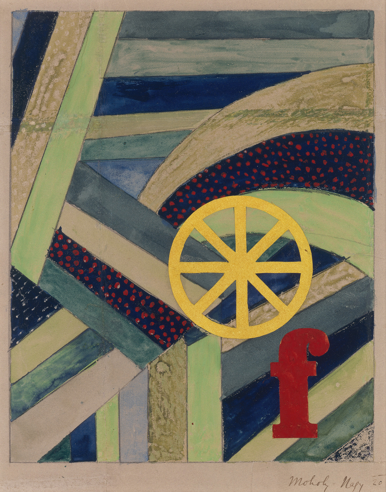 László Moholy-Nagy, F in Field, 1920. Gouache and collage on paper, 8 11/16 × 6 15/16 in. Private collection, courtesy of Kunsthandel Wolfgang Werner, Bremen/Berlin. © 2017 Hattula Moholy-Nagy/Artists Rights Society (ARS), New York/VG Bild-Kunst, Bonn