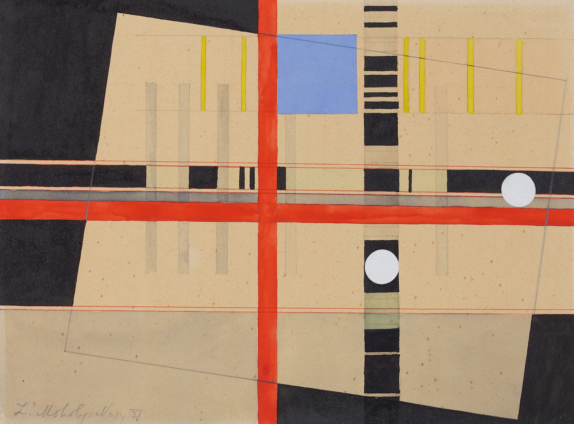 László Moholy-Nagy, Red Cross and White Balls, 1921. Collage, ink, graphite, and watercolour on paper. 8 7⁄16 × 11 7⁄16 in. Museum Kunstpalast Düsseldorf, K 1956-11 © 2017 Hattula Moholy-Nagy/Artists Rights Society (ARS), New York/VG Bild-Kunst, Bonn, photo © Museum Konstpalast-Horst Kolberg — ARTOTHEK