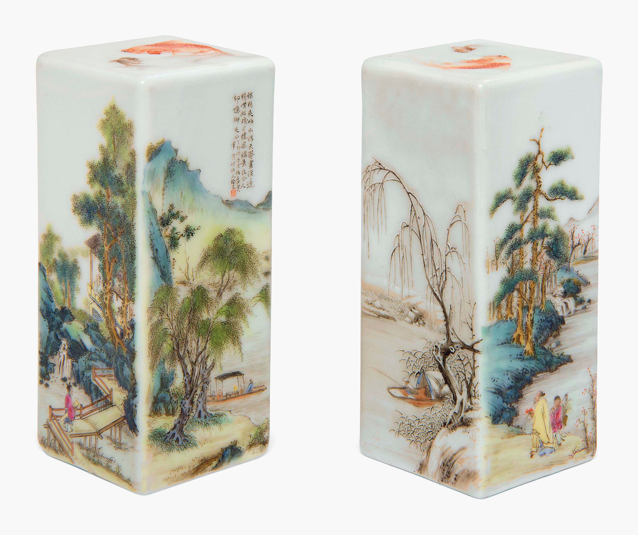 A fine and rare pair of famille rose &lsquo;landscape&rsquo; seals. Republic period (1912-1949), dated. 3⅝ in (9.2 cm) high. Estimate: &pound;30,000-50,000. Sold for &pound;221,000 in Chinese Ceramics, Works of Art and Textiles on 12 May 2017 at Christie&rsquo;s in London, South Kensington