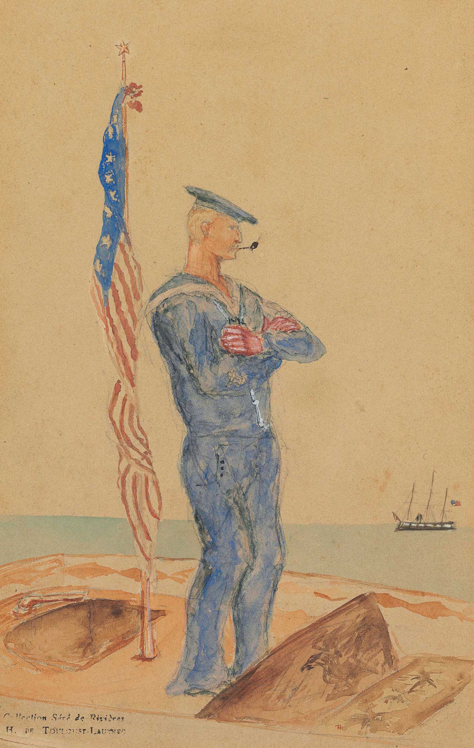 Henri de Toulouse-Lautrec (1864-1901), Marin fumant, circa 1879-1880. Gouache and watercolour over pencil on paper, 9⅜ x 5⅞ in (23.7 x 14.8 cm). Estimate: $15,000-20,000. This lot is offered in Impressionist &amp; Modern Art Works on Paper on 16 May 2017, at Christie&rsquo;s in New York