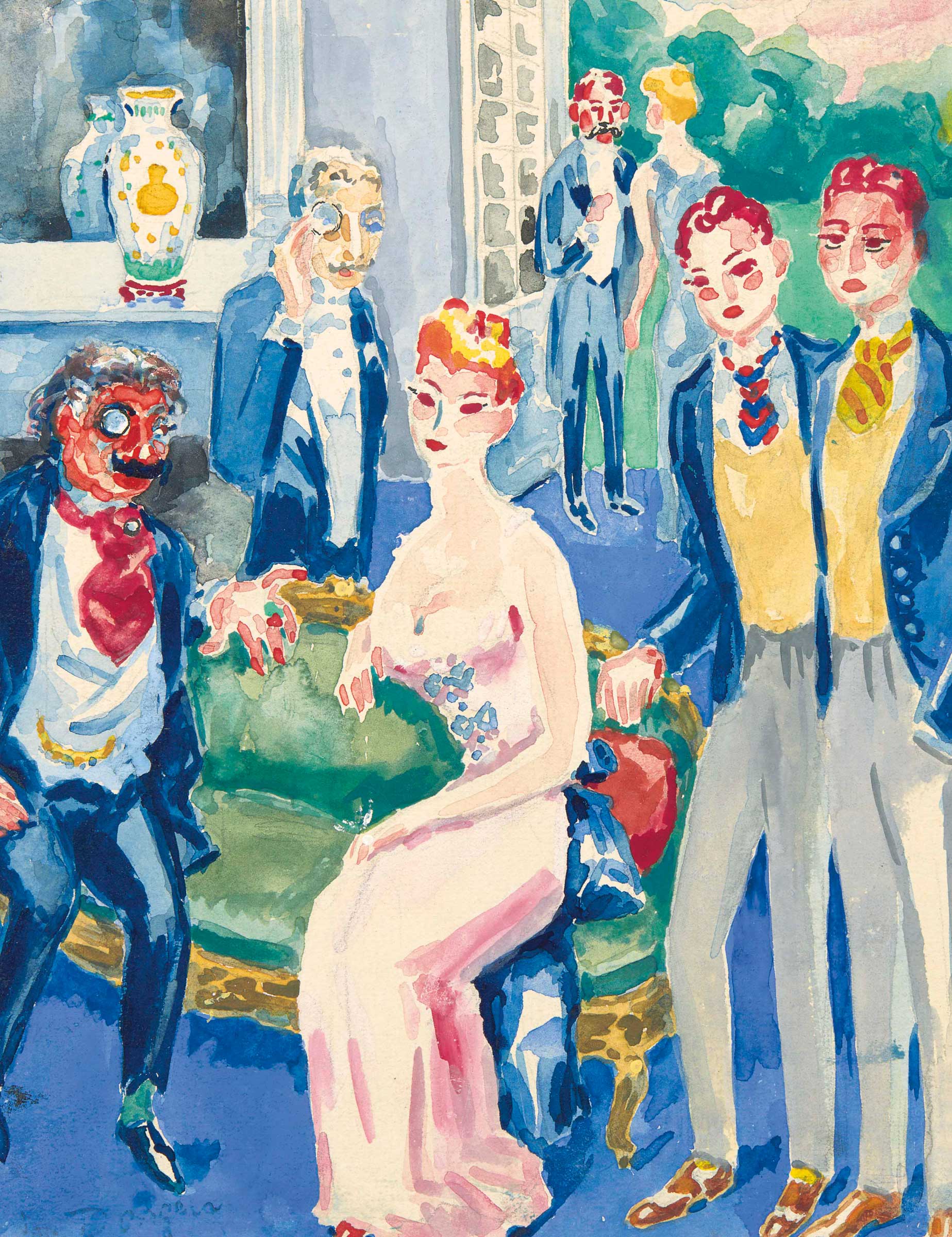 Kees van Dongen (1877-1968), Charlus se fait pr&eacute;senter les fils de Surgis (A la recherche du temps perdu), c. 1946-1947. Gouache and watercolour on paper laid down on board, 9&frac34; x 8⅜ in (24.6 x 21.9 cm). Estimate: $50,000-70,000. This lot is offered in Impressionist &amp; Modern Art Works on Paper on 16 May 2017, at Christie&rsquo;s in New York