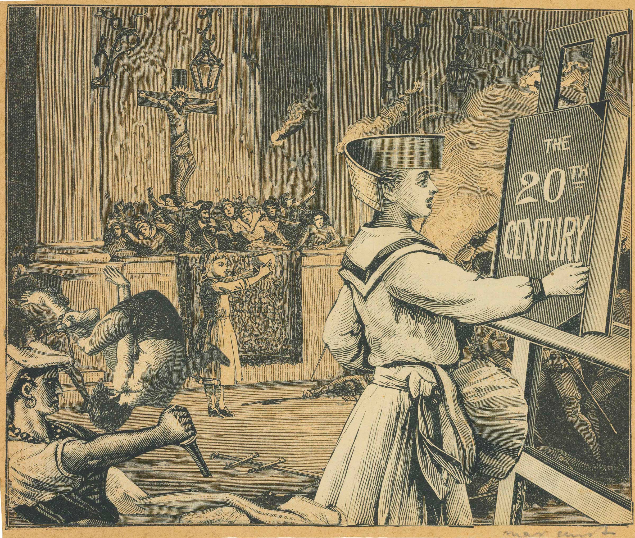 Max Ernst (1891-1976), La voix du R.P.: “Eh petiots, nous sommes à la veille du grand jour. Faites votre contrition et prenez le couteau de la suprême vicissitude, de la prudence, du zèle et de la charité”, 1929-1930. Printed paper collage laid down on card, 5&frac34; x 6&frac34; in (14.6 x 17.1 cm). Estimate: $10,000-15,000. This lot is offered in Impressionist &amp; Modern Art Works on Paper on 16 May 2017, at Christie&rsquo;s in New York