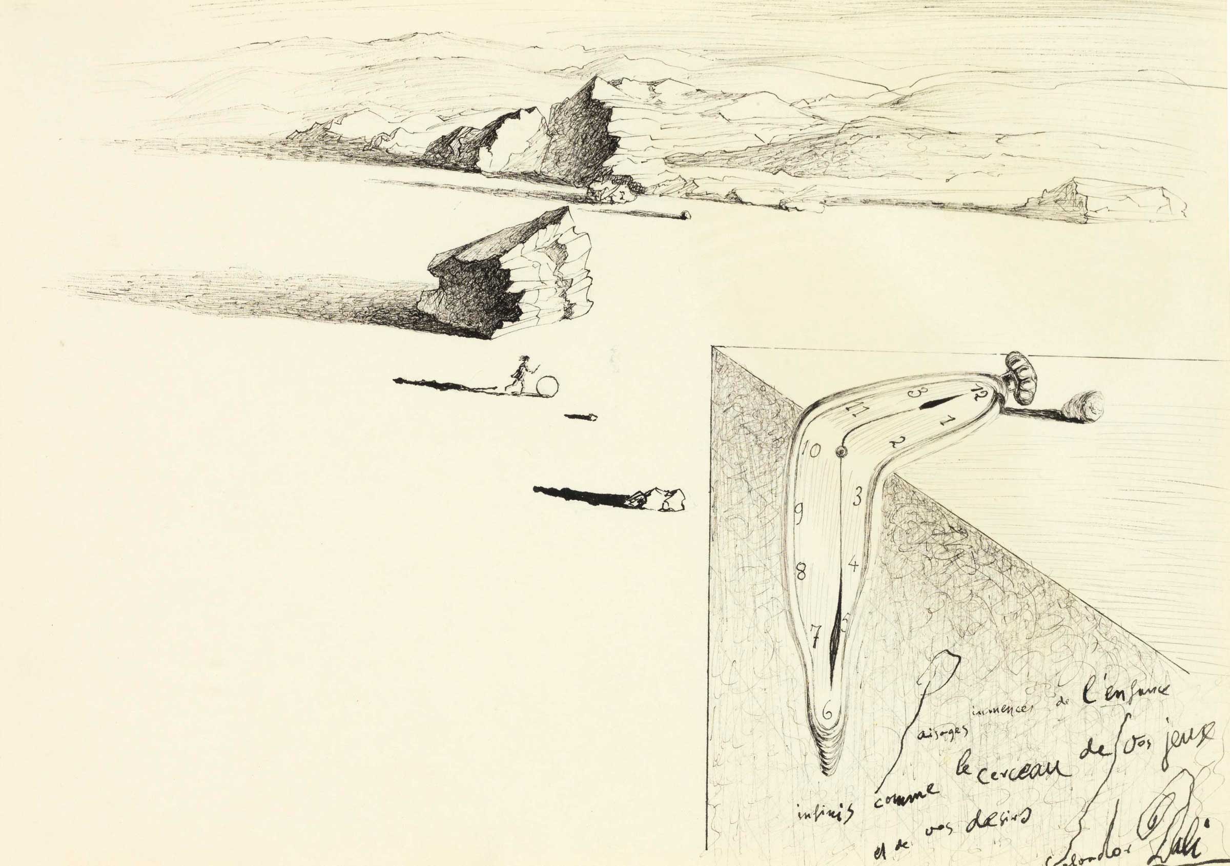 Salvador Dal&iacute; (1904-1989), Jeune fille au cerceau et montre molle, c. 1932. Pen and black ink on paper, 5&frac12; x 7⅝ in (13.8 x 19.4 cm). Estimate: $30,000-50,000. This lot is offered in Impressionist &amp; Modern Art Works on Paper on 16 May 2017, at Christie&rsquo;s in New York