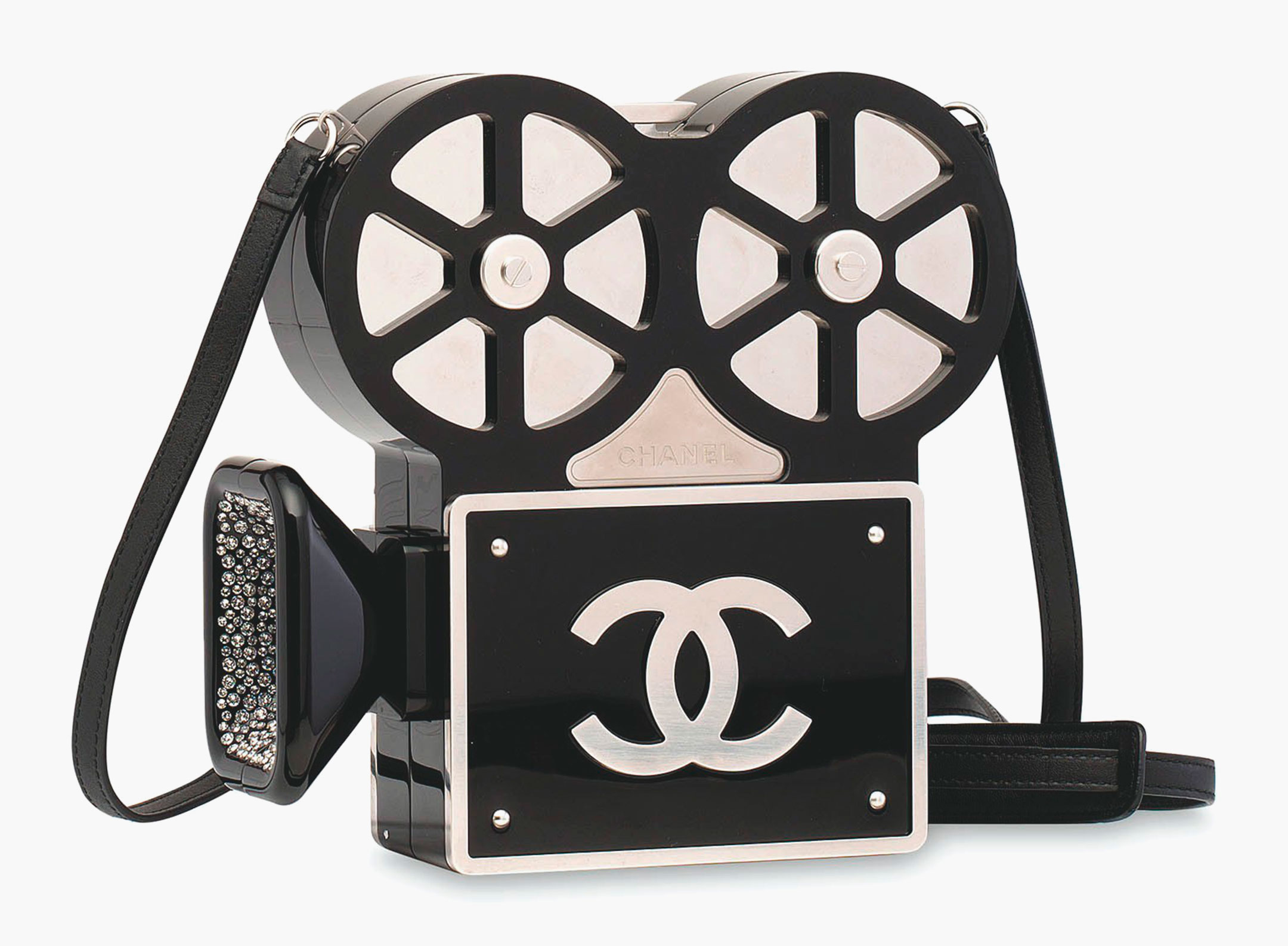 A rare, black Paris-Rome movie camera evening bag with crystals, Chanel 2016. Estimate: $100,000-150,000 / $13,000-19,000. This lot is offered in Handbags & Accessories on 31 May 2017 at Christie’s in Hong Kong