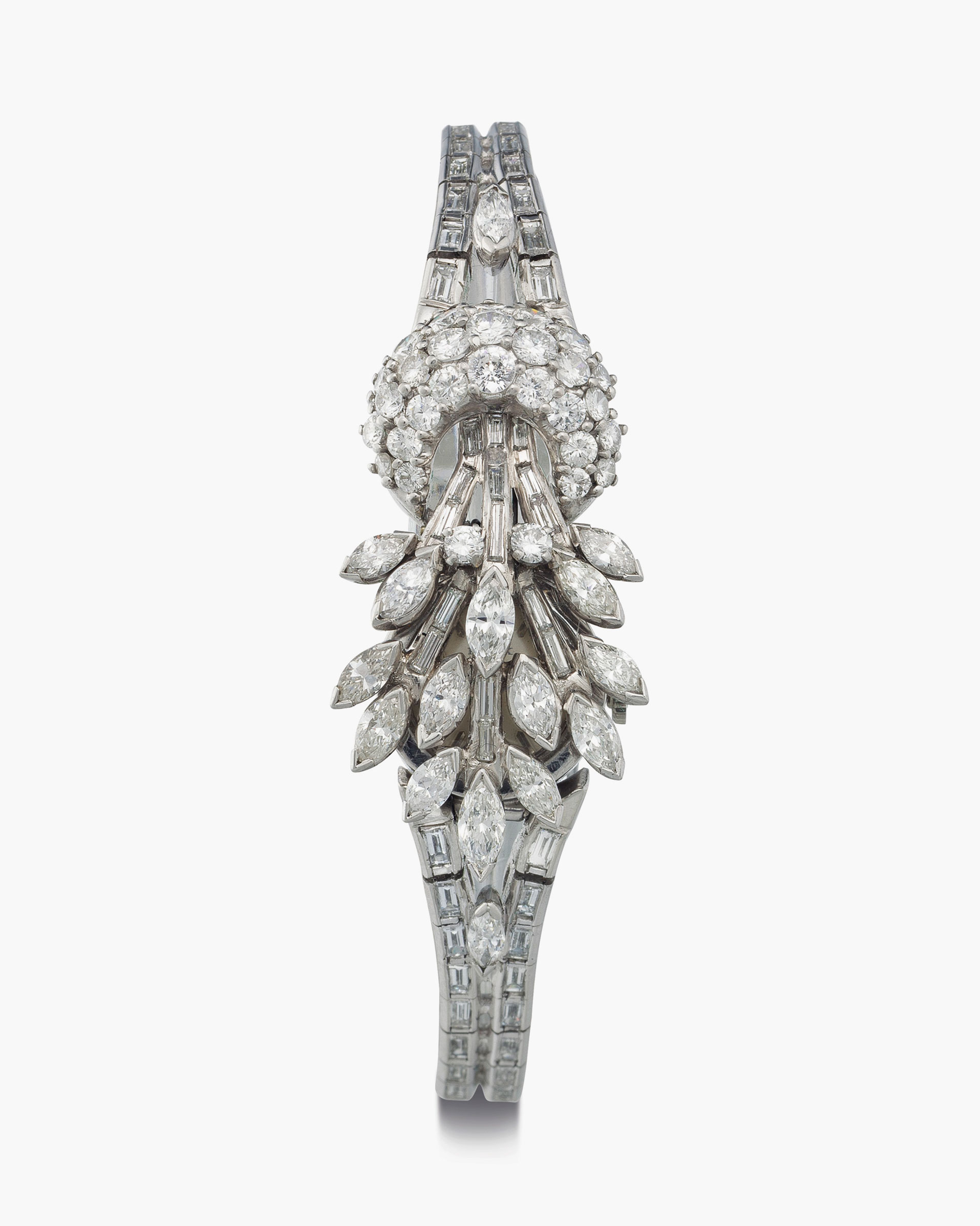 Rolex. A lady's very fine platinum and diamond-set bracelet watch with concealed dial and presentation box, circa 1950, sold for $68,750 on 11 June 2014 at Christie's in New York