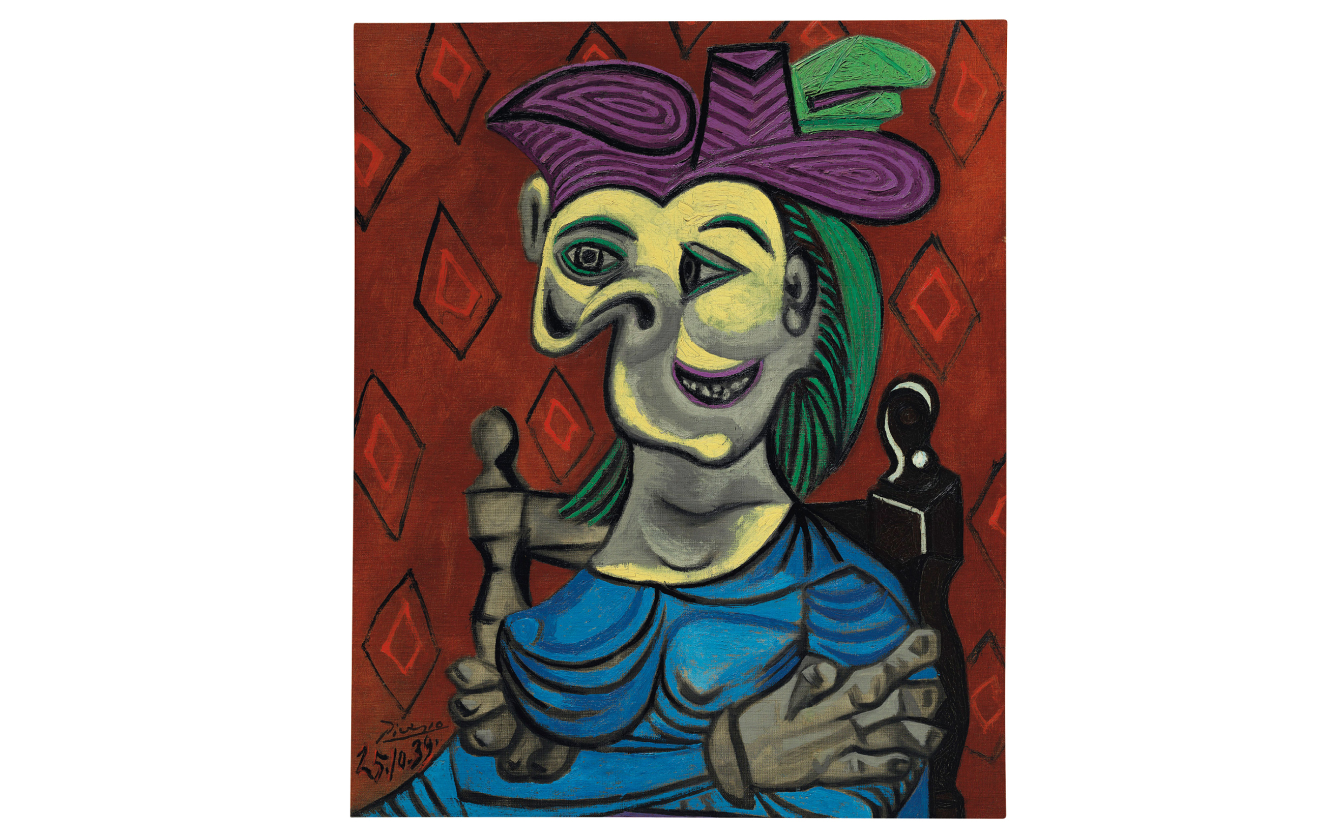 A cubist portrait of a woman with a purple hat and green hair sitting against a patterned background.