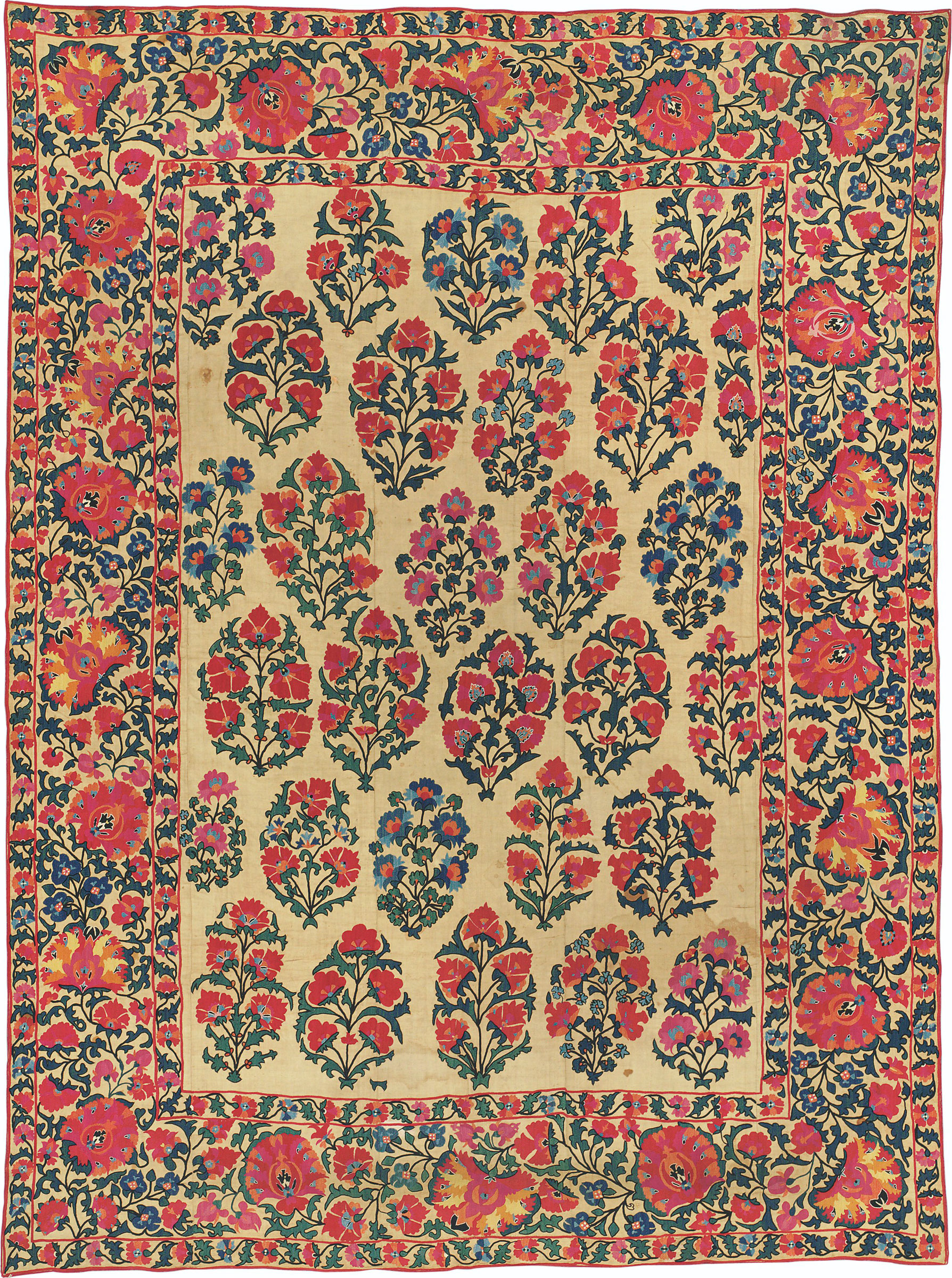 A suzani, Shakhrisabz area, Uzbekistan, mid-19th century. Rectangular form, central field with repeating garnet and blue floral sprays, border with dense floral frieze with flower, with original backing. 100 x 74 in (254 x 188 cm). Sold for £26,250 at Arts & Textiles of the Islamic & Indian Worlds, April 2017, London, South Kensington