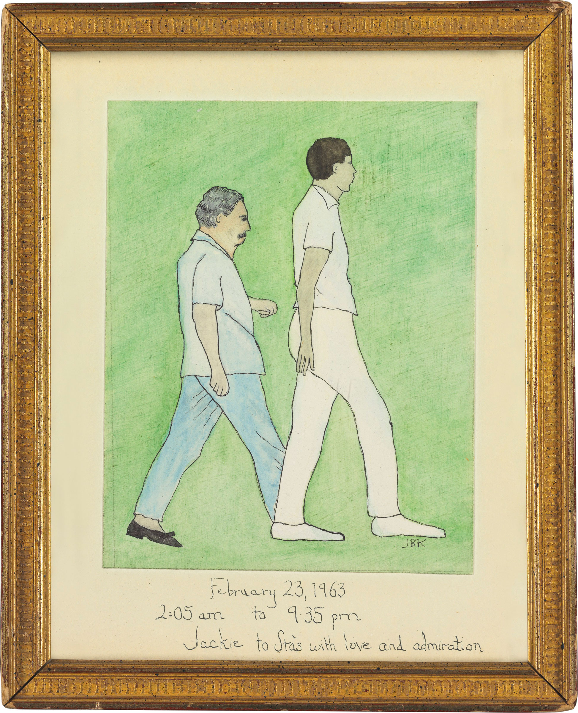 An original 50 Mile Hike painting by Jacqueline Kennedy Onassis, signed JBK with text that reads February 23, 1963, 2:05am to 9:35pm, Jackie to Stas with love and admiration