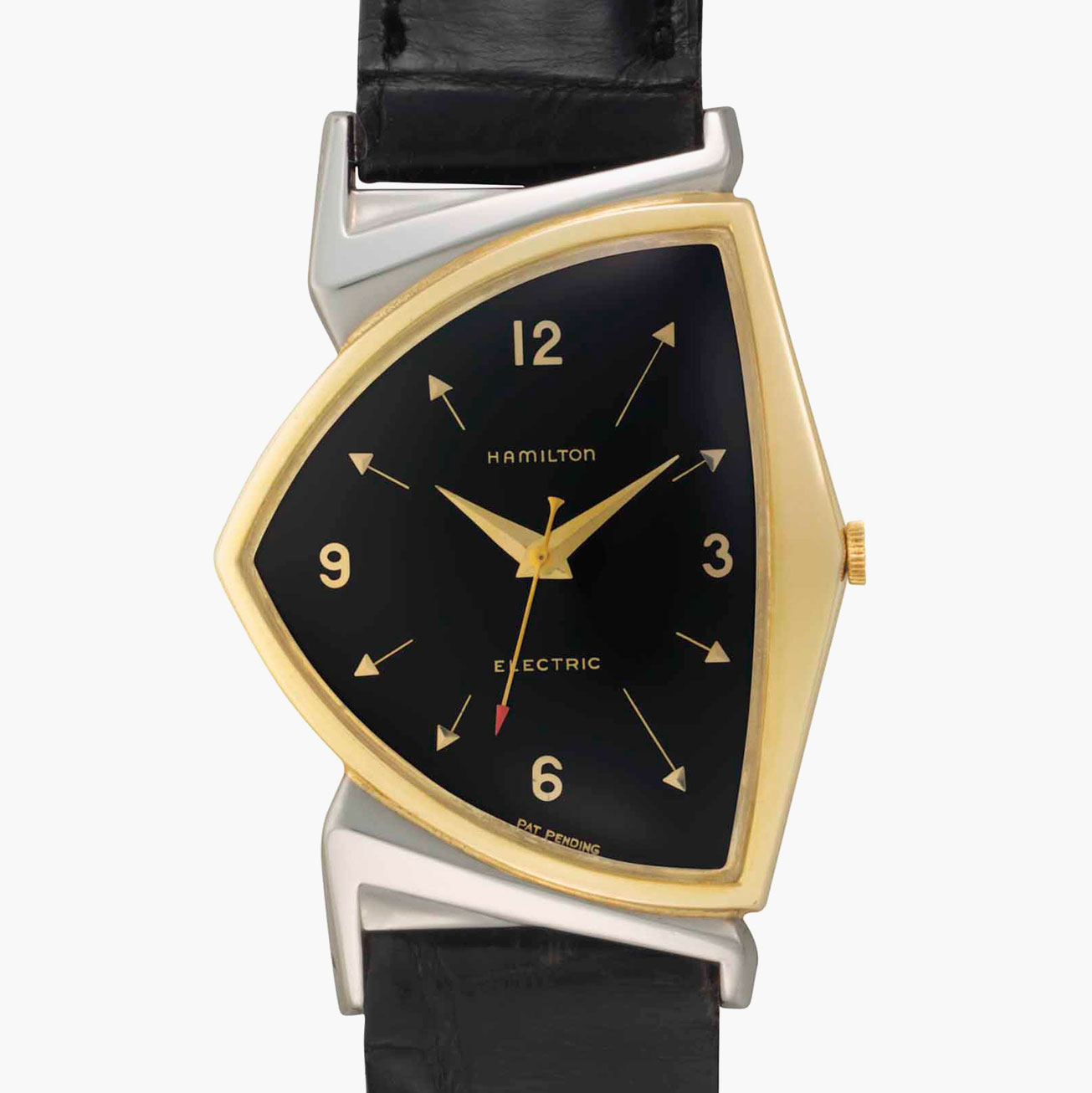 Hamilton. A historically important two-tone gold filled asymmetrical wristwatch with centre seconds and black dial, belonging to the 36th President of the United States, Lyndon B. Johnson. Electric, Pacer Model. Case no. S202360. Circa 1958. Sold for $18,750 on 21 June 2017 at Christie's in New York