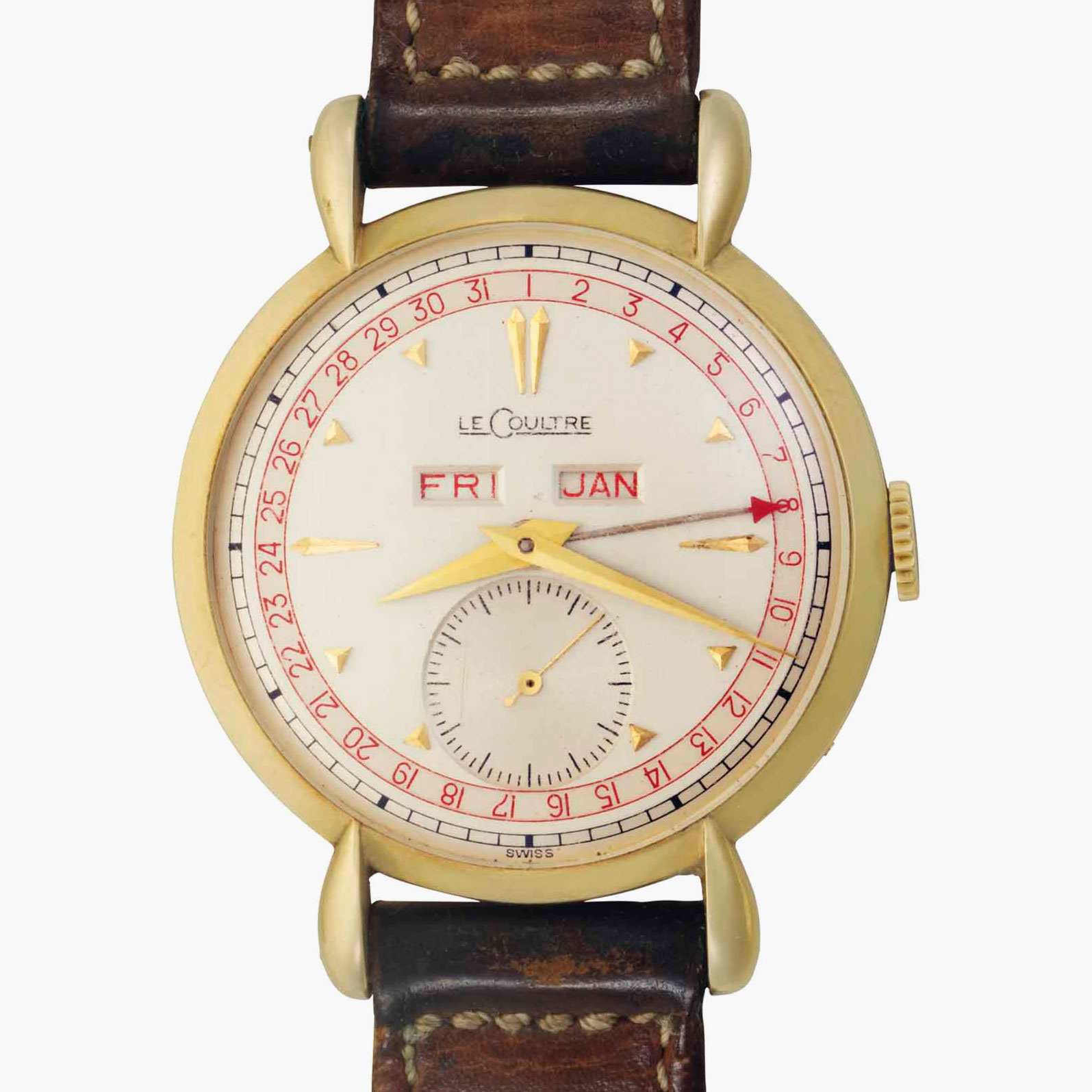 Jaeger-LeCoultre. A 14k gold triple date wristwatch, belonging to American television and film actor and personality Bob Hope. Ref. 2721. Movement no. 405'793, case no. 335'703 B, manufactured in 1946. Sold for $32,500 on 21 June 2017 at Christie's in New York