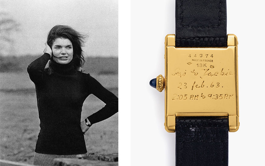 Cartier. A historically important 18k gold square-shaped wristwatch, belonging to Jacqueline Kennedy Onassis. Tank Model, Movement No. 2'117'860, Case No. 44374, manufactured in 1962. Sold for $379,500 on 21 June 2017 at Christie's in New York