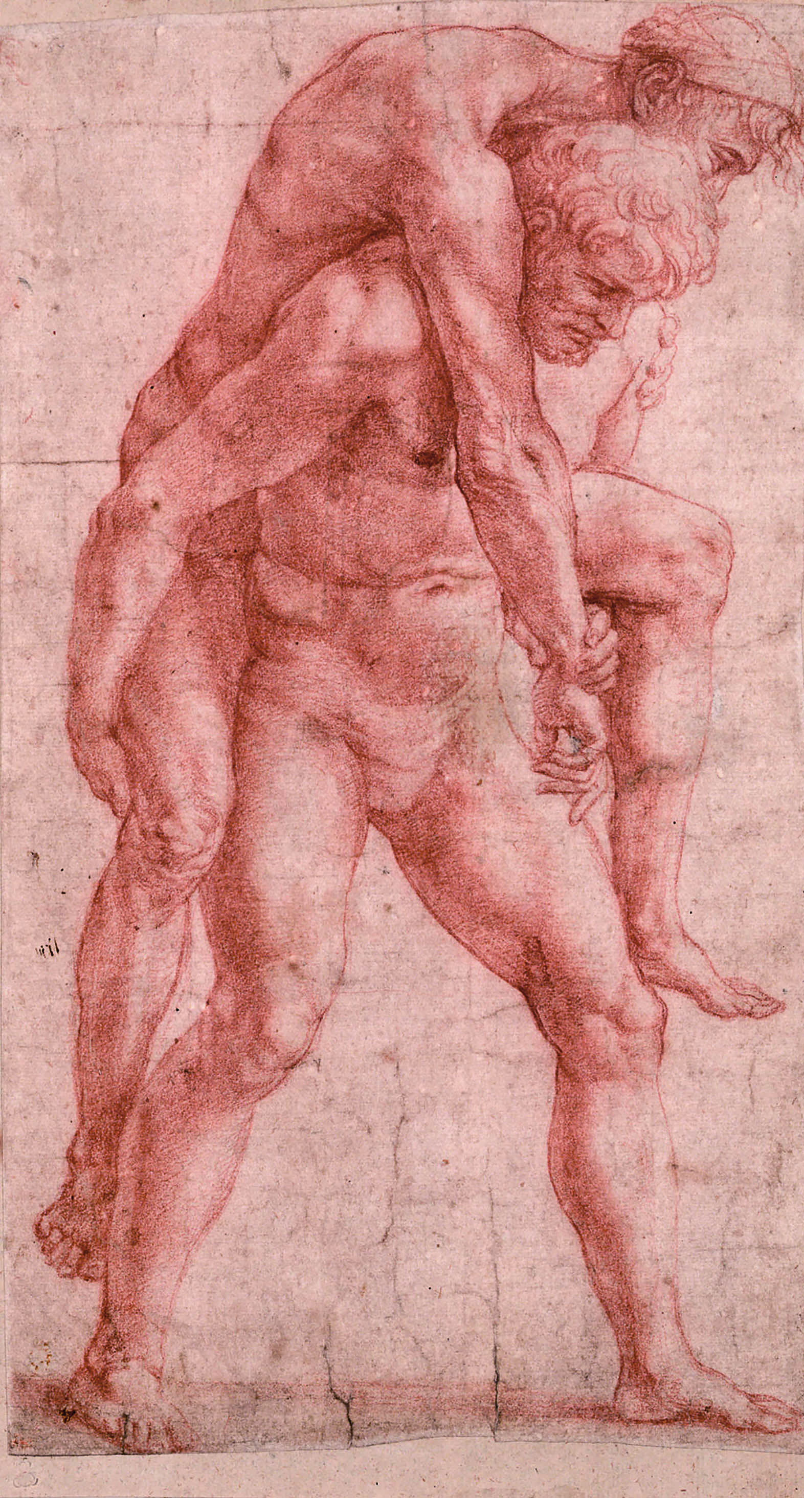 
A Man Carrying an Older Man on His Back, c. 1513-14. Red chalk. 30 x 17.3 cm. &copy; Albertina Museum, Vienna
