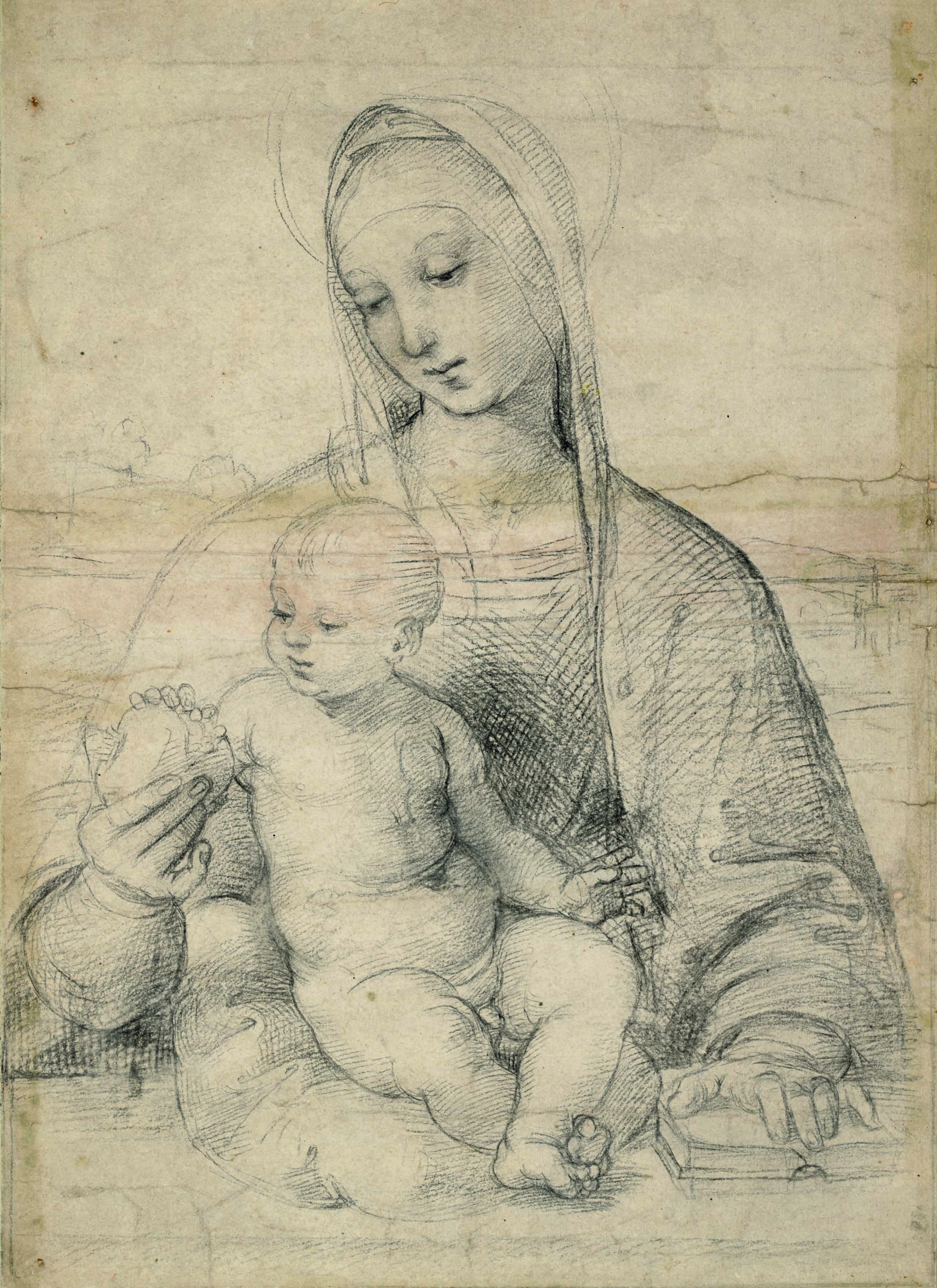 The Virgin with the Pomegranate, c. 1504. Black chalk with compass indentation for the halo. 41.2 x 29.4 cm. © Albertina Museum, Vienna