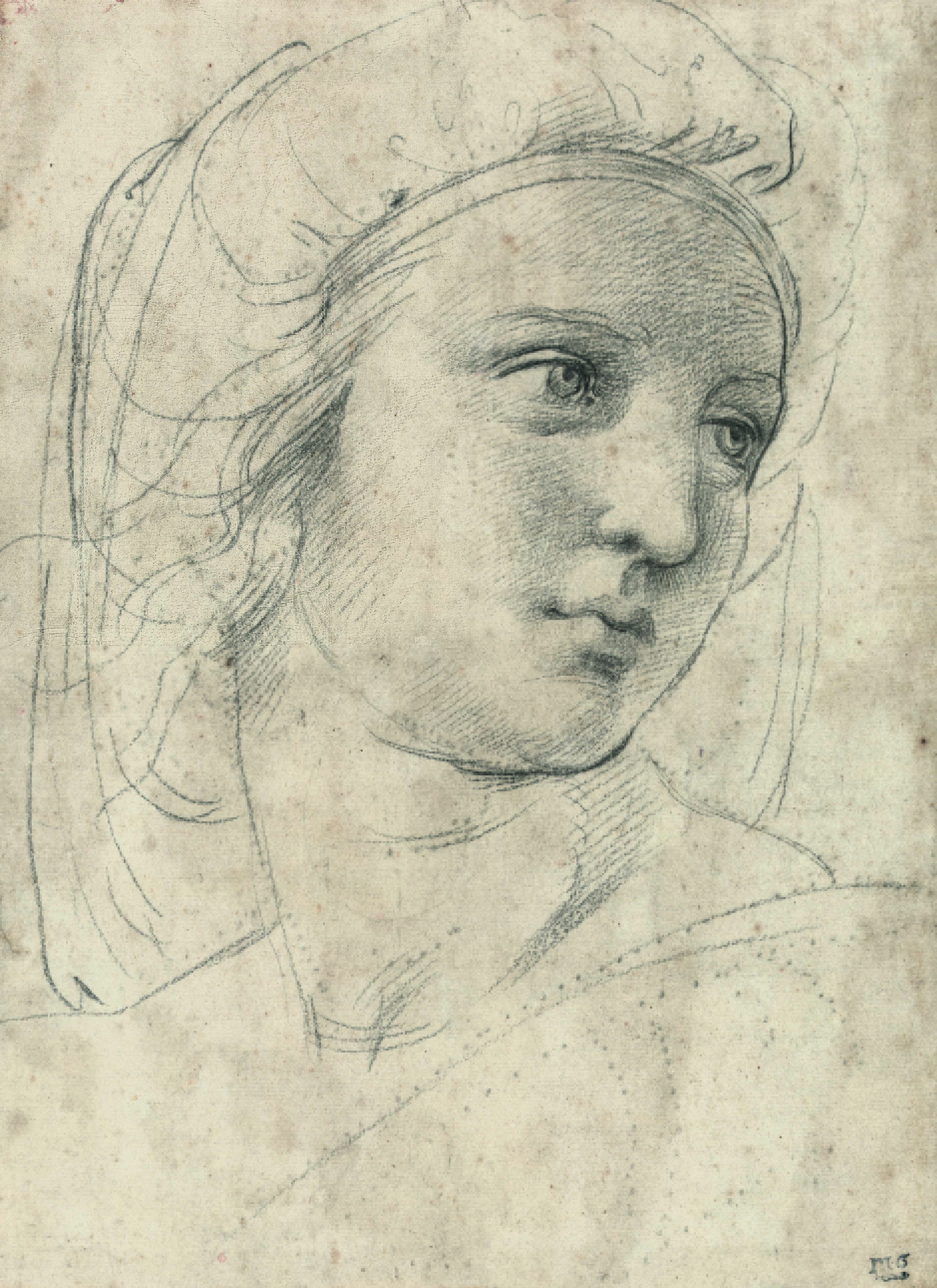 Head of a Muse, c. 1510-11. Black chalk over pouncing and some blind stylus. 30.5 x 22.2 cm. © Private collection