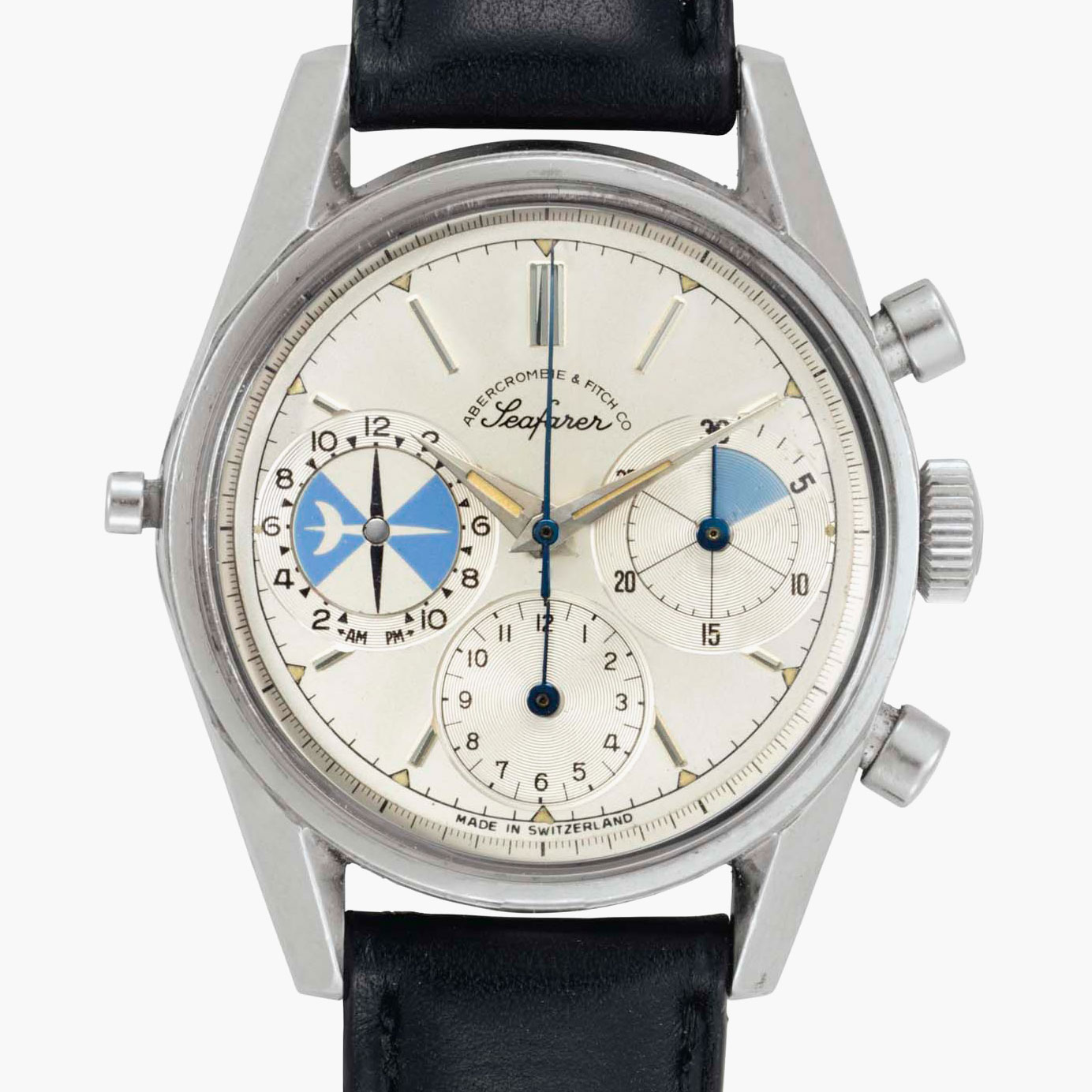 Heuer. A stainless-steel chronograph wristwatch with tide indication and regatta countdown. Signed Heuer, Abercrombie & Fitch Co., Seafarer Model, Ref. 2447, Case No. 93'532, circa 1965. Sold for $22,500 on 6 December 2016 at Christie’s in New York