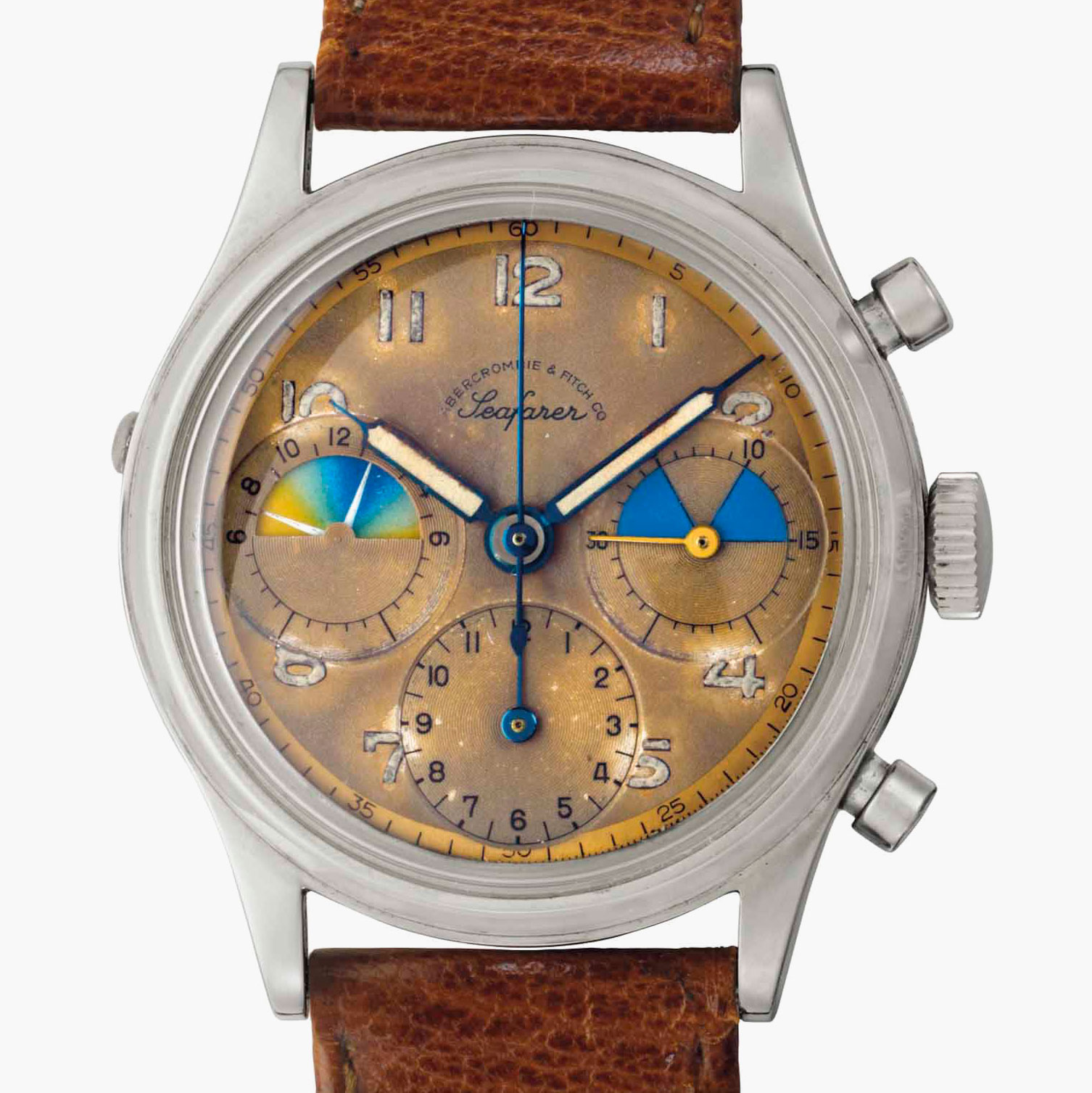 
Heuer. A very rare and early stainless-steel chronograph wristwatch with &lsquo;tropical&rsquo; dial. Signed Heuer, retailed by Abercrombie &amp; Fitch, Seafarer Model, Ref. 346, Movement No. 752'690, Case No. 80'253, circa 1952. This lot was offered in Rare Watches and American Icons on 21 June 2017 at Christie&rsquo;s in New York and sold for $60,000