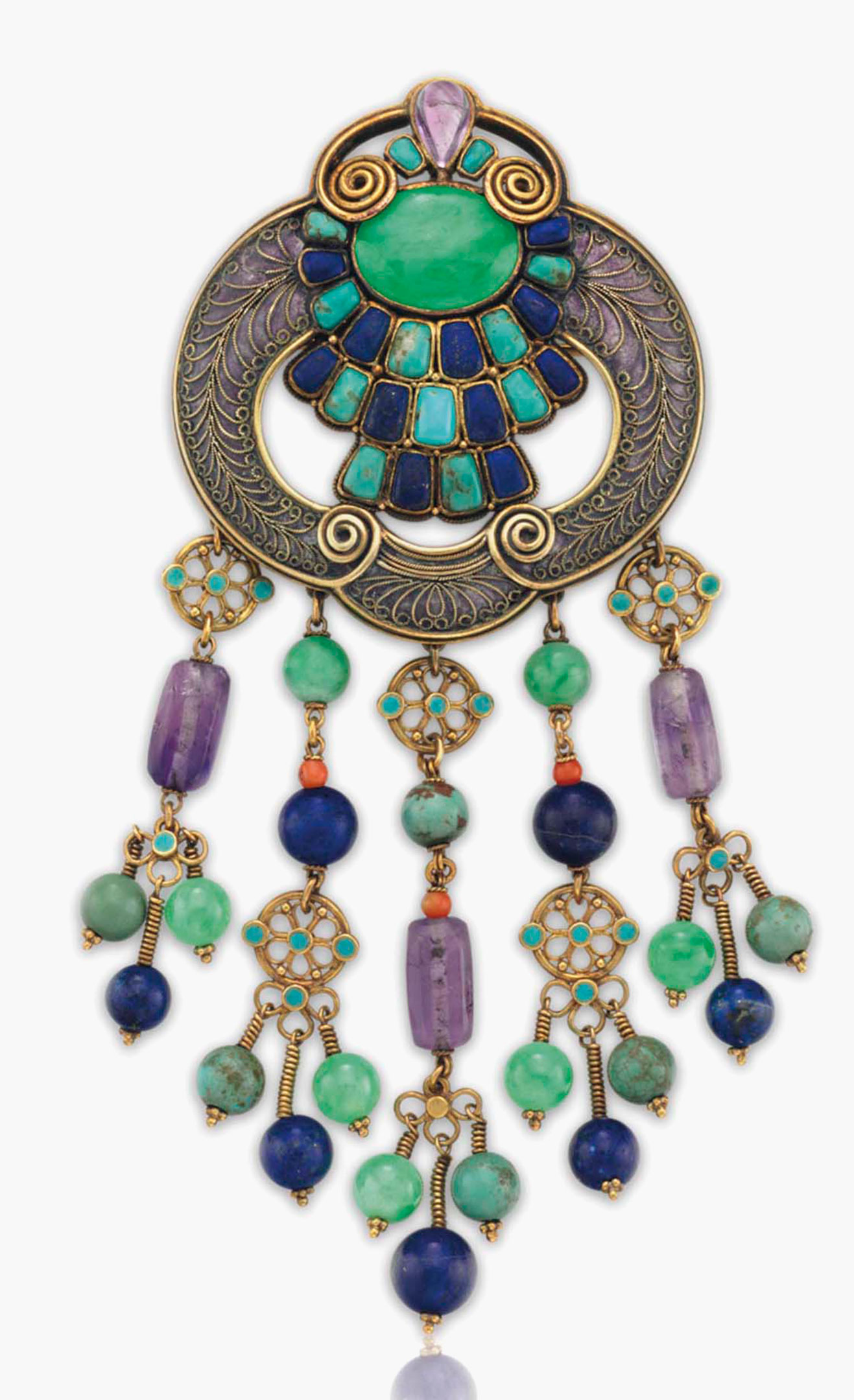 A multi-gem, enamel and gold brooch by Louis Comfort Tiffany, Tiffany & Co. Estimate: $15,000-20,000. This lot is offered in Magnificent Jewels & the Rockefeller Emerald on 20 June 2017, at Christie’s in New York