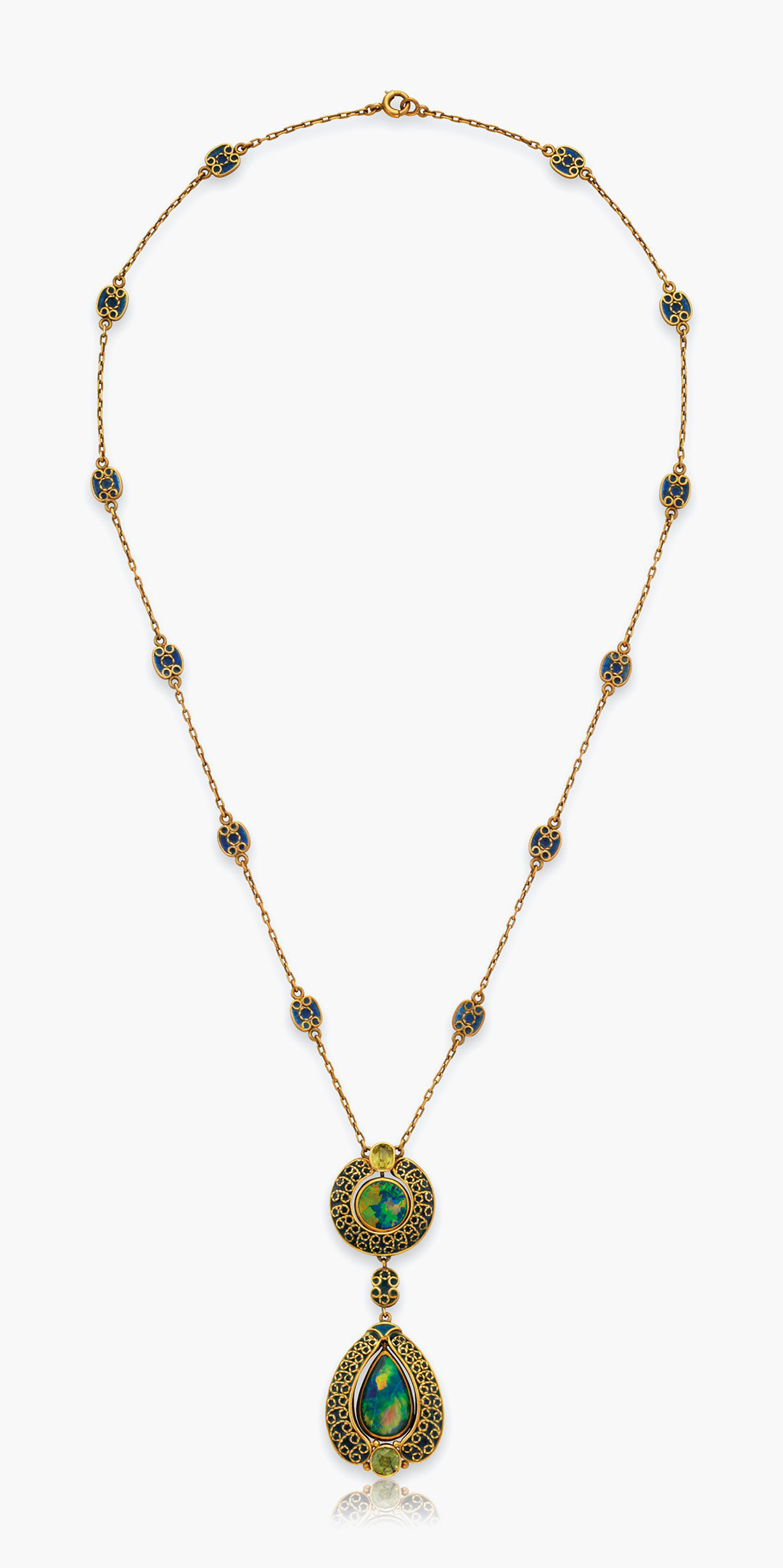 A black opal, demantoid garnet and enamel pendant necklace by Louis Comfort Tiffany, Tiffany &amp; Co.&nbsp;Estimate: $15,000-20,000. This lot is offered in Magnificent Jewels &amp; the Rockefeller Emerald on 20 June 2017, at Christie&rsquo;s in New York