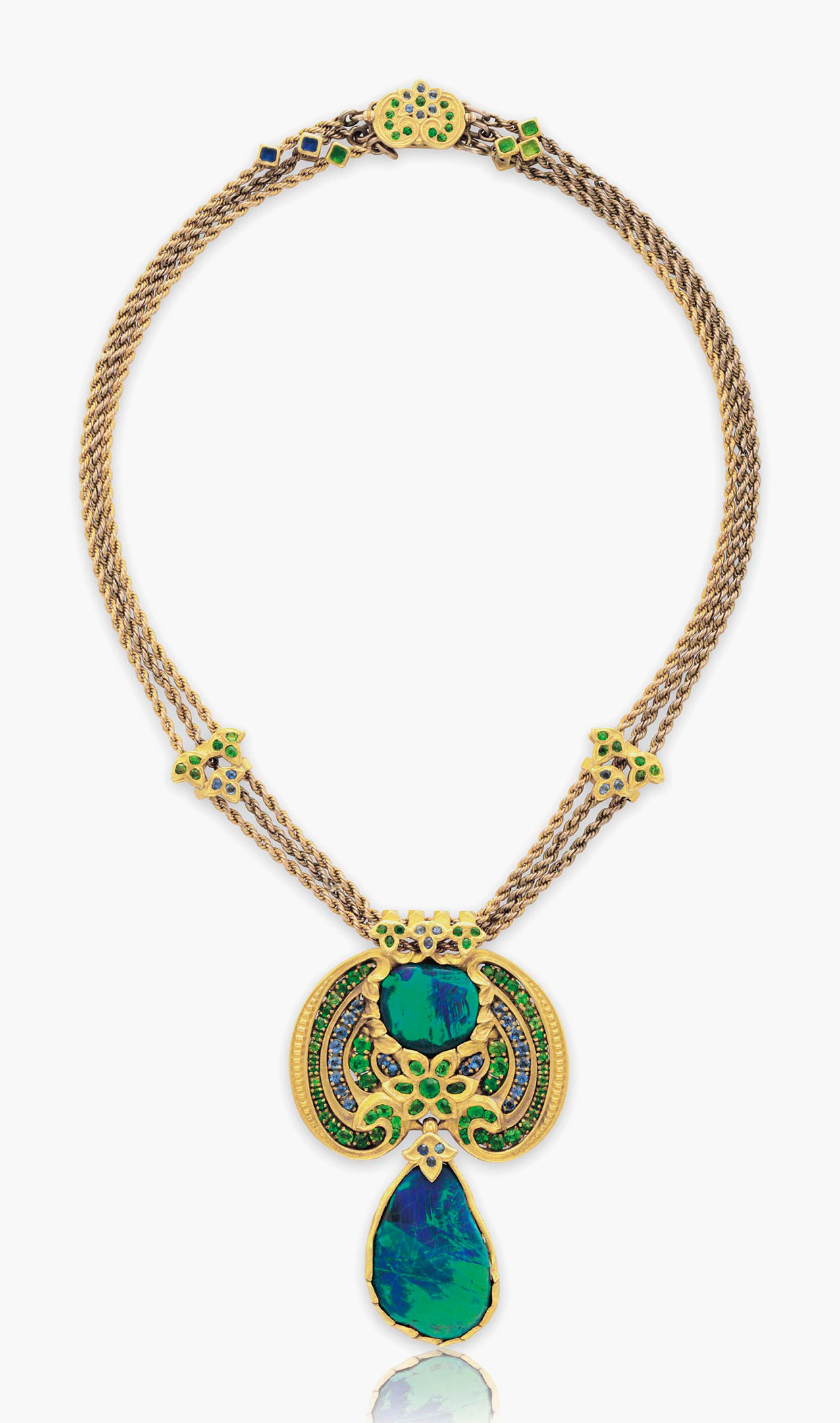 A black opal, demantoid garnet, sapphire and enamel necklace by Louis Comfort Tiffany, Tiffany & Co. Estimate: $90,000-120,000. This lot is offered in Magnificent Jewels & the Rockefeller Emerald on 20 June 2017, at Christie’s in New York