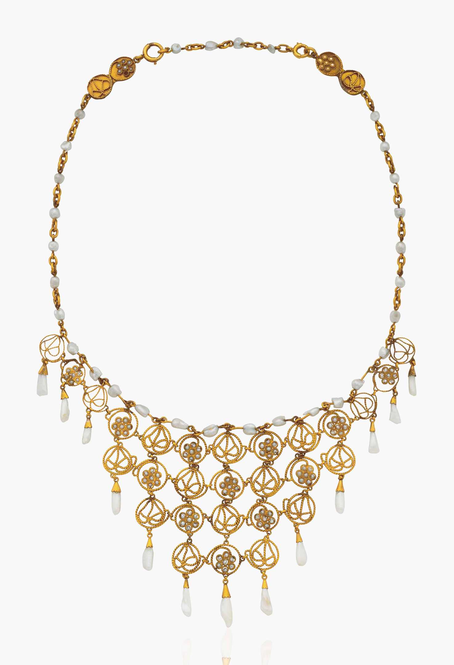 A delicate pearl and gold bib necklace by Louis Comfort Tiffany, Tiffany & Co. Estimate: $20,000-30,000. This lot is offered in Magnificent Jewels & the Rockefeller Emerald on 20 June 2017, at Christie’s in New York