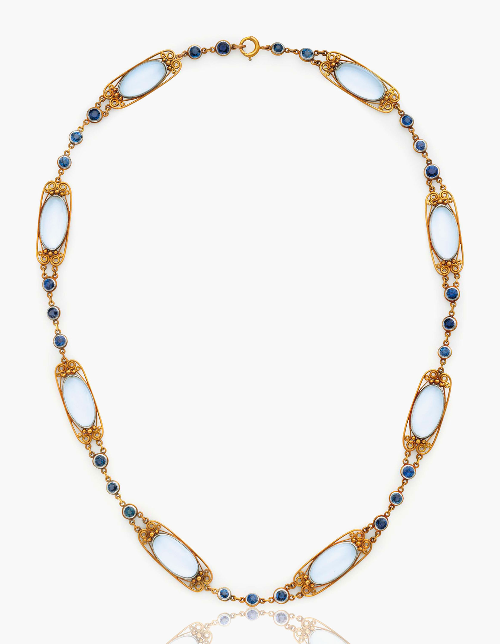 A moonstone and sapphire necklace, by Louis Comfort Tiffany, Tiffany &amp; Co.&nbsp;Estimate: $20,000-30,000. This lot is offered in Magnificent Jewels &amp; the Rockefeller Emerald on 20 June 2017, at Christie&rsquo;s in New York