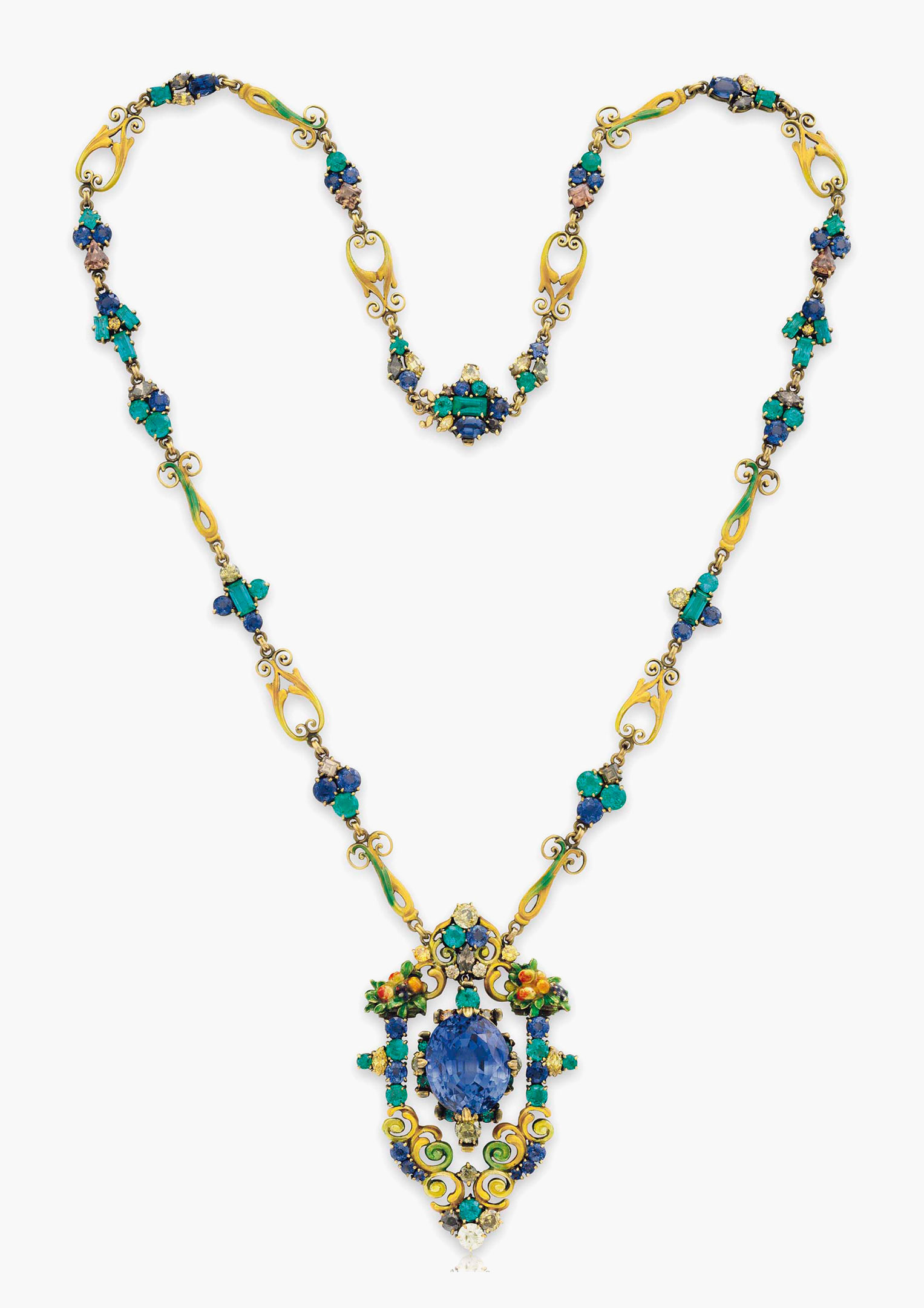 A multi-gem pendant necklace by Louis Comfort Tiffany, Tiffany & Co. Estimate: $50,000-70,000. This lot is offered in Magnificent Jewels & the Rockefeller Emerald on 20 June 2017, at Christie’s in New York