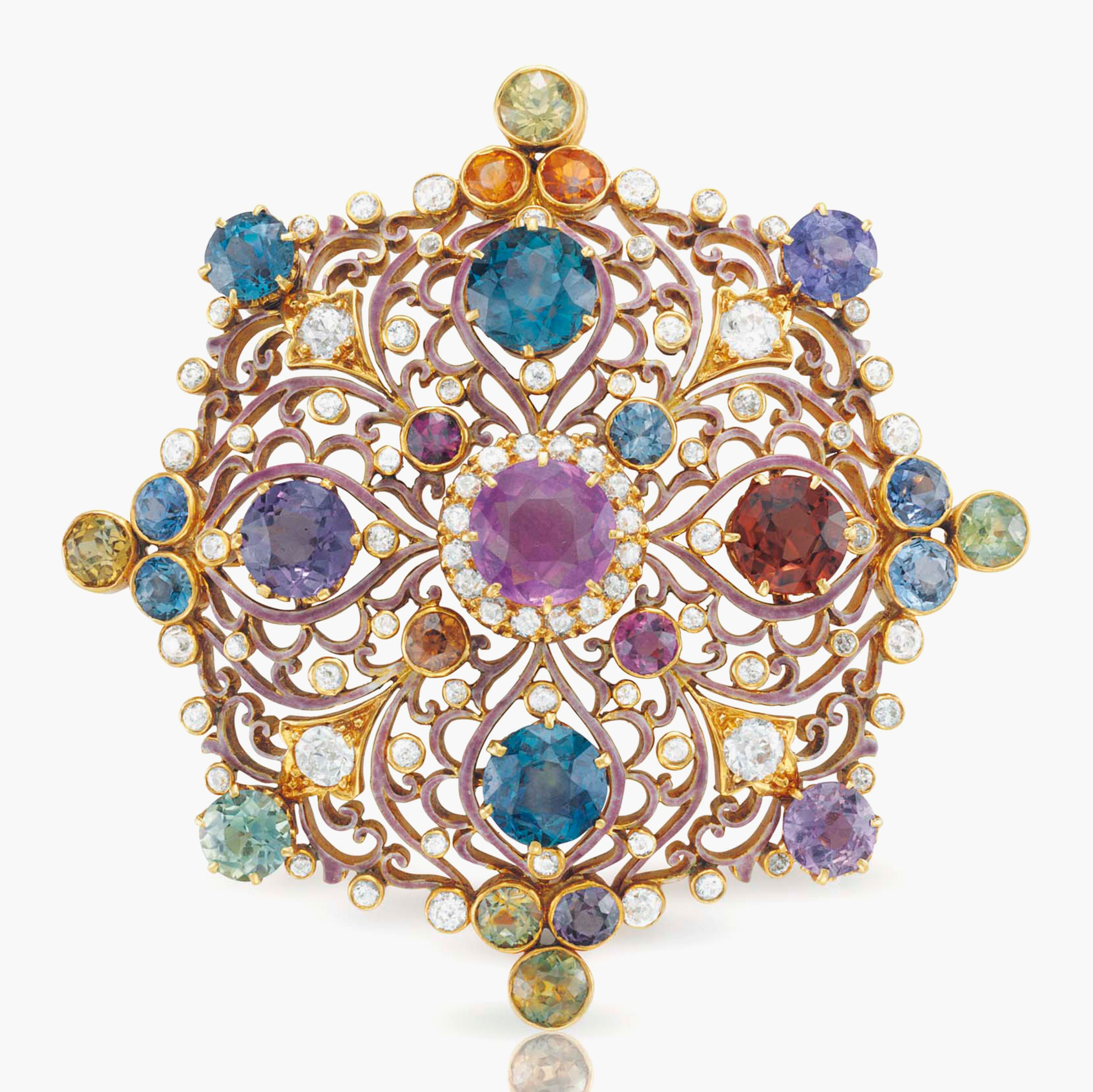 An antique Renaissance Revival multi-coloured sapphire and diamond pendant brooch, by Paulding Farnham, Tiffany & Co. Estimate: $20,000-30,000. This lot is offered in Magnificent Jewels & the Rockefeller Emerald on 20 June 2017, at Christie’s in New York