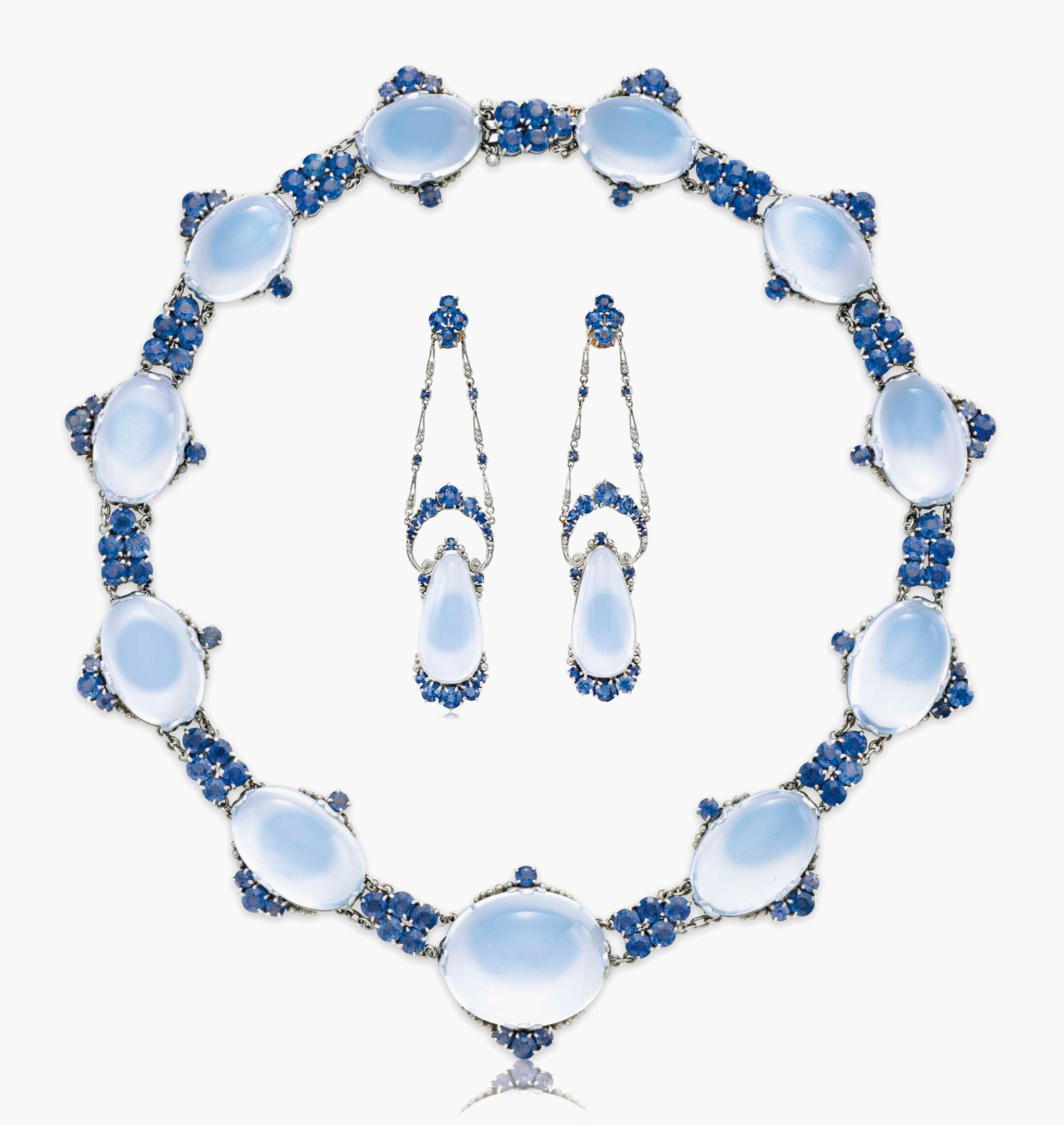 An impressive set of moonstone and sapphire jewellery by Louis Comfort Tiffany, Tiffany & Co. Estimate: $60,000-80,000. This lot is offered in Magnificent Jewels & the Rockefeller Emerald on 20 June 2017, at Christie’s in New York