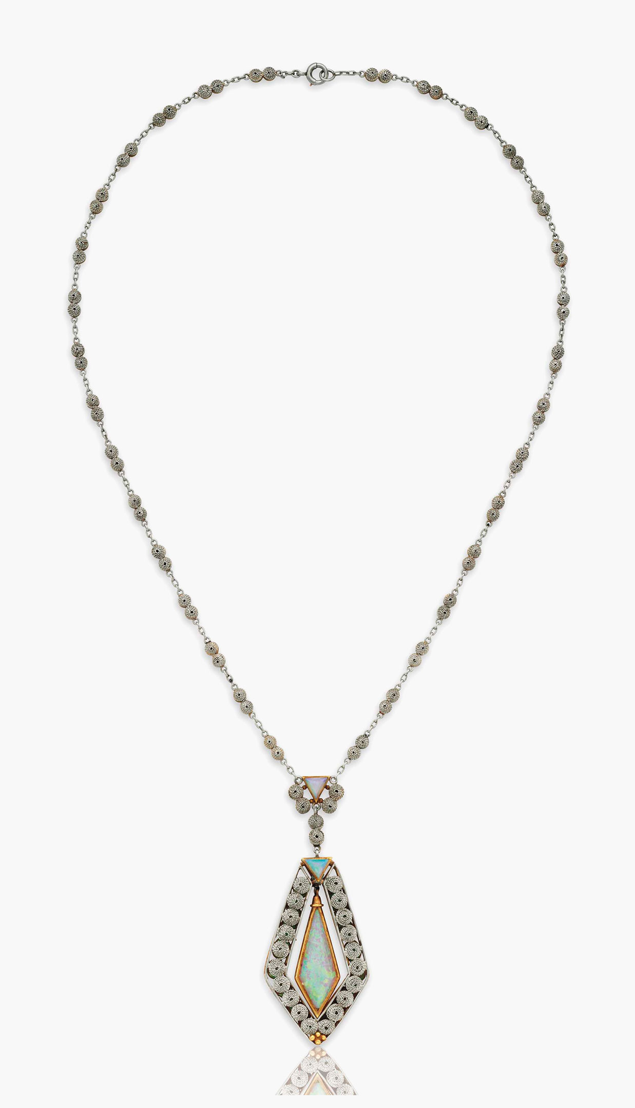 An opal and enamel pendant necklace, by Louis Comfort Tiffany, Tiffany &amp; Co.&nbsp;Estimate: $10,000-15,000. This lot is offered in Magnificent Jewels &amp; the Rockefeller Emerald on 20 June 2017, at Christie&rsquo;s in New York