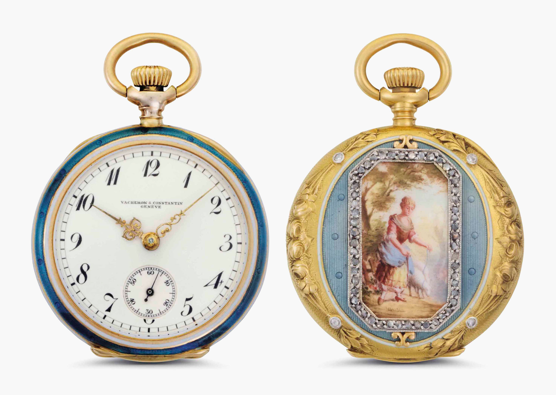 Vacheron Constantin. A fine 18k gold, enamel and diamond-set openface pocket watch with Breguet numerals. Signed Vacheron Constantin, Gen&egrave;ve. Movement No. 340'027. Case No. 207'606. Manufactured in 1907. This lot was offered in Rare Watches and American Icons on 21 June 2017 at Christie&rsquo;s in New York