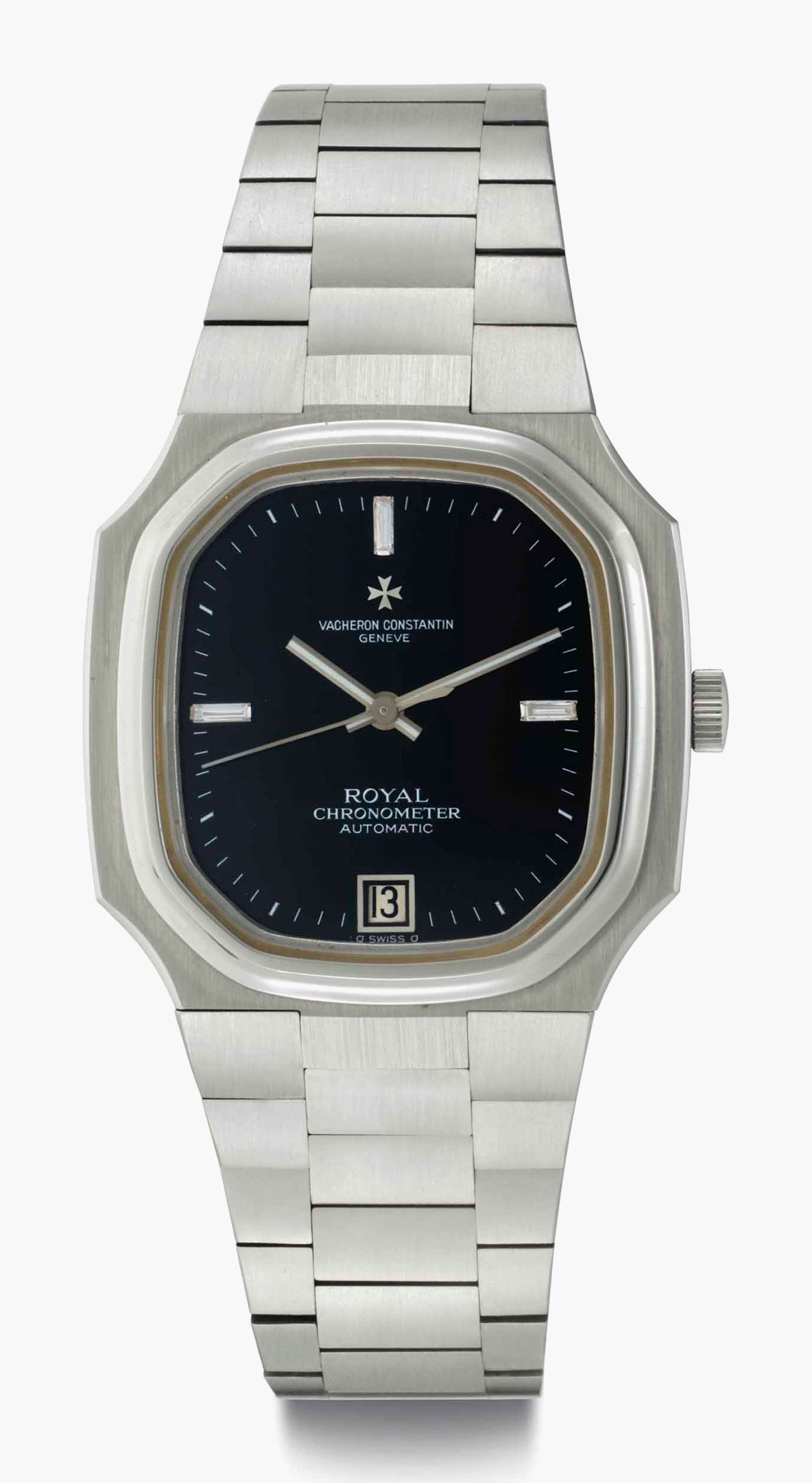 Vacheron Constantin. A stainlees steel and diamond-set automatic octagonal-shaped wristwatch with date, center Seconds and bracelet. Signed Vacheron Constantin, Gen&egrave;ve, Chronometre Royal Model. Ref. 2215. Case No's 162 and 514479. Movement No. 673'947. Manufactured in 1977. This lot was offered in Rare Watches and American Icons on 21 June 2017 at Christie&rsquo;s in New York and sold for $7,500