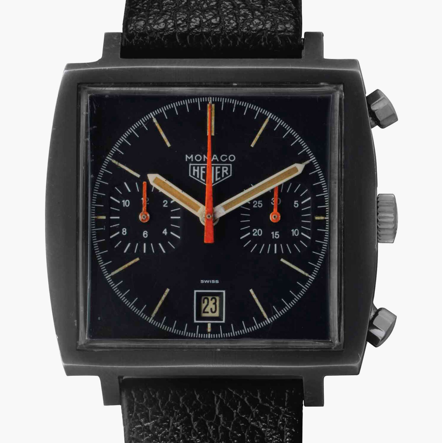 Heuer. A rare PVD-coated stainless-steel chronograph wristwatch with date. Signed Heuer, Monaco, Ref. 74033, circa 1975. Sold for $43,750 on 21 June 2017 at Christie’s in New York 