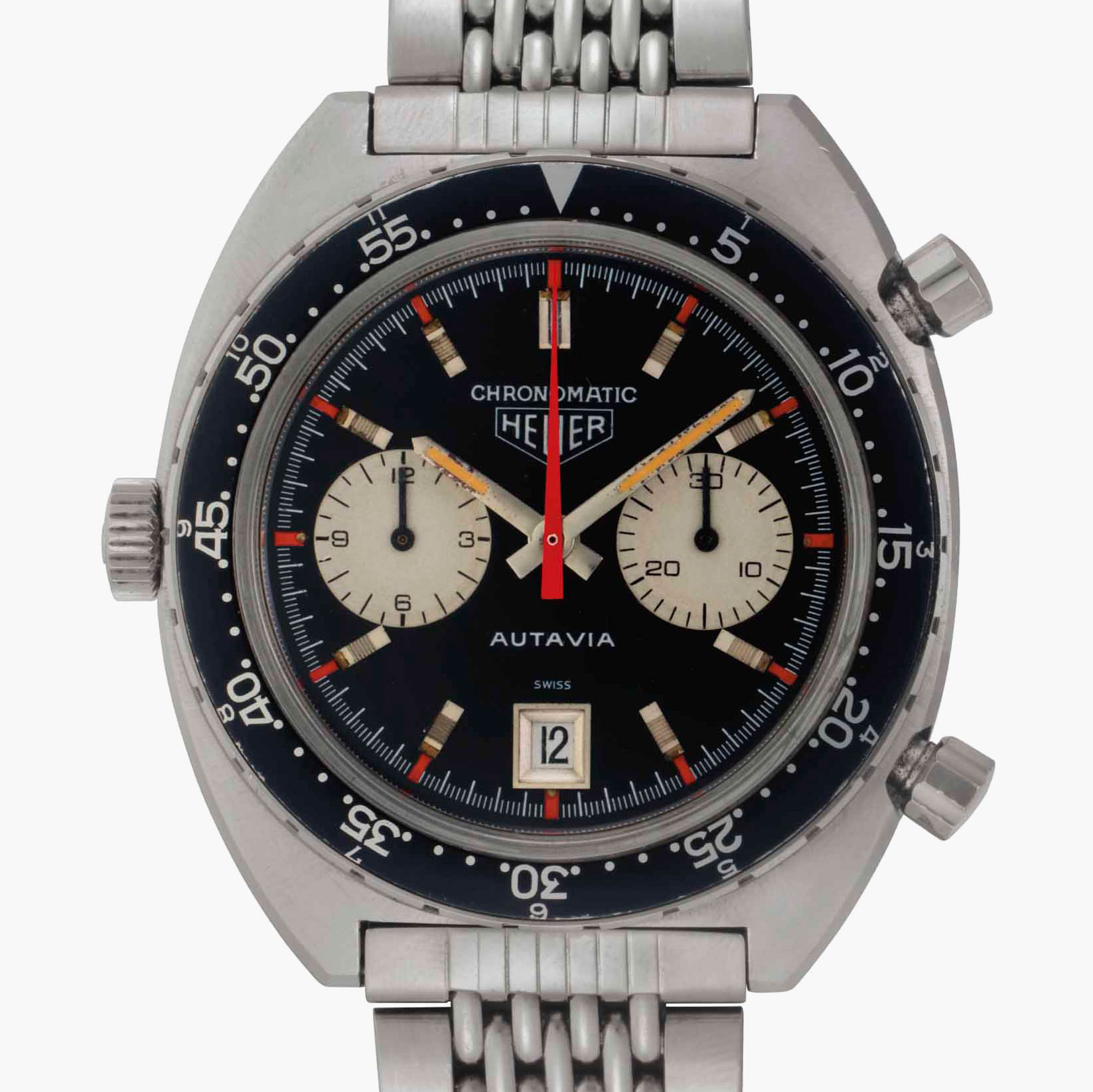 Heuer. A very fine and rare stainless-steel automatic chronograph wristwatch with date and bracelet. Signed Heuer, Autavia, Chronomatic Model, Ref. 1163MH, Case No. 141'206, circa 1970. Sold for&nbsp;$77,500&nbsp;on 21 June 2017 at Christie&rsquo;s in New York&nbsp;