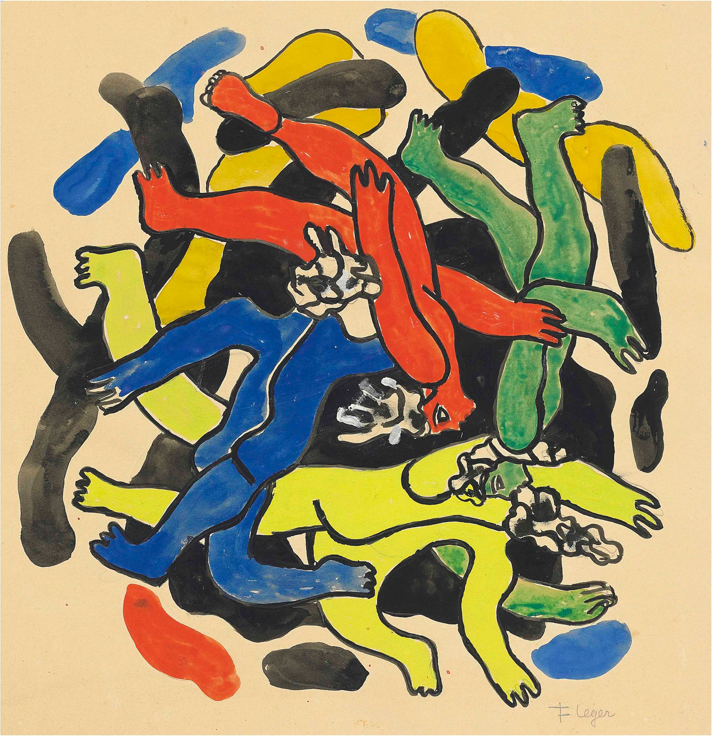 Fernand Léger (1881-1955), Les plongeurs, circa 1942. Gouache on paper, image: 15 x 15 in (38 x 38 cm), sheet: 22 x 20⅛ in (56 x 51.2 cm). Estimate: £80,000-100,000. This lot is offered in Impressionist and Modern Works on Paper on 28 June at Christie’s London