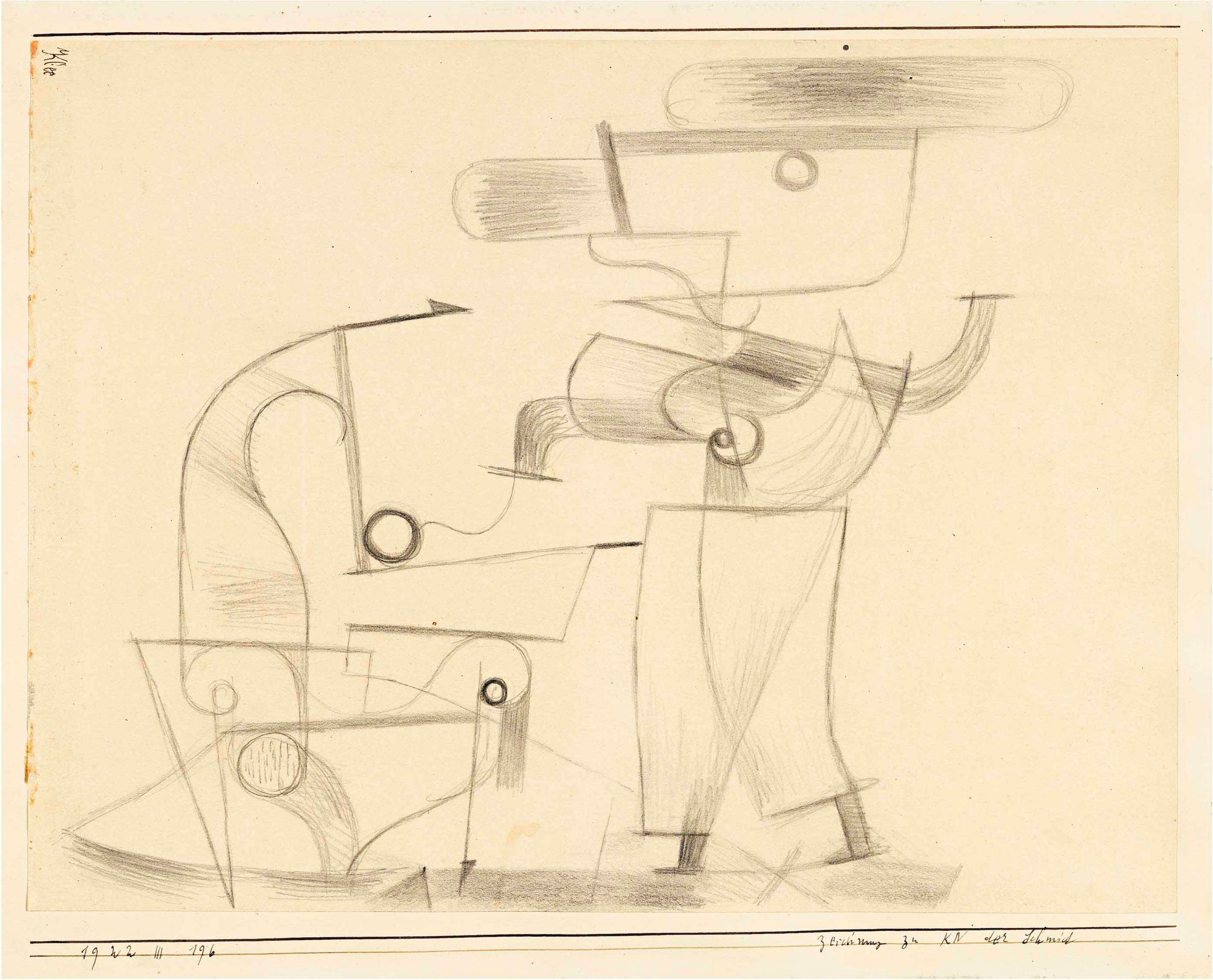Paul Klee (1879-1940), Zeichnung zu KN der Schmid (Drawing for KN the Blacksmith), 1922. Pencil on paper laid down on the artist's mount, sheet: 8⅝ x 11⅜ in (22 x 28.8 cm), mount: 10⅛ x 12⅜ in (25.6 x 31.6 cm). Estimate: &pound;30,000-40,000. This lot is offered in Impressionist and Modern Works on Paper on 28 June at Christie&rsquo;s London