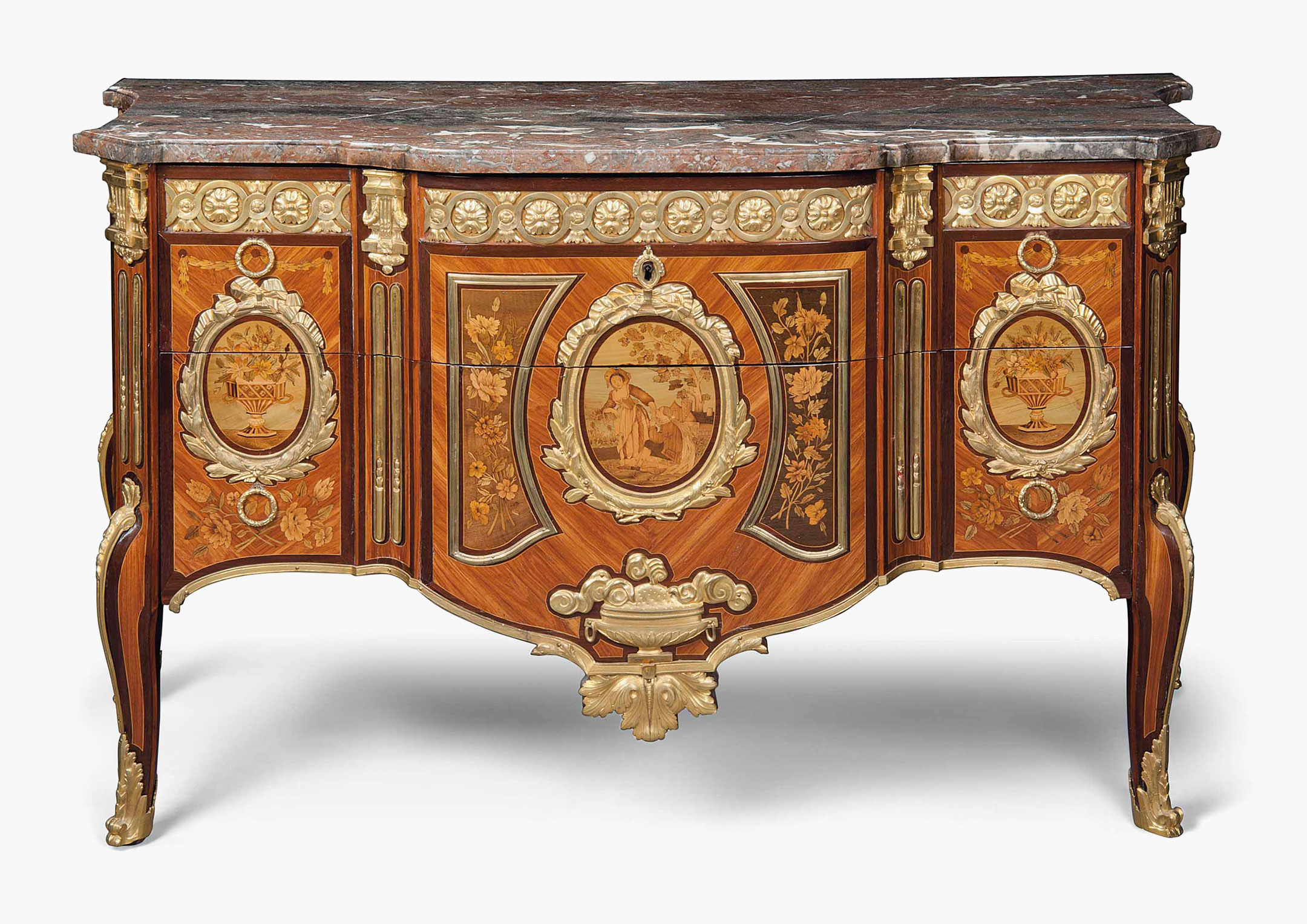 A Louis XVI ormolu-mounted tulipwood, amaranth and fruitwood marquetry commode. Attributed to Pierre-Antoine Foullet, circa 1770-75. 34¼ in (87 cm) high; 59 in (150 cm) wide; 24½ in (62 cm) deep. Estimate: £60,000-90,000. This lot is offered in The Collection of Raine, Countess Spencer  on 13 July 2017 at Christie’s in London, King Street
