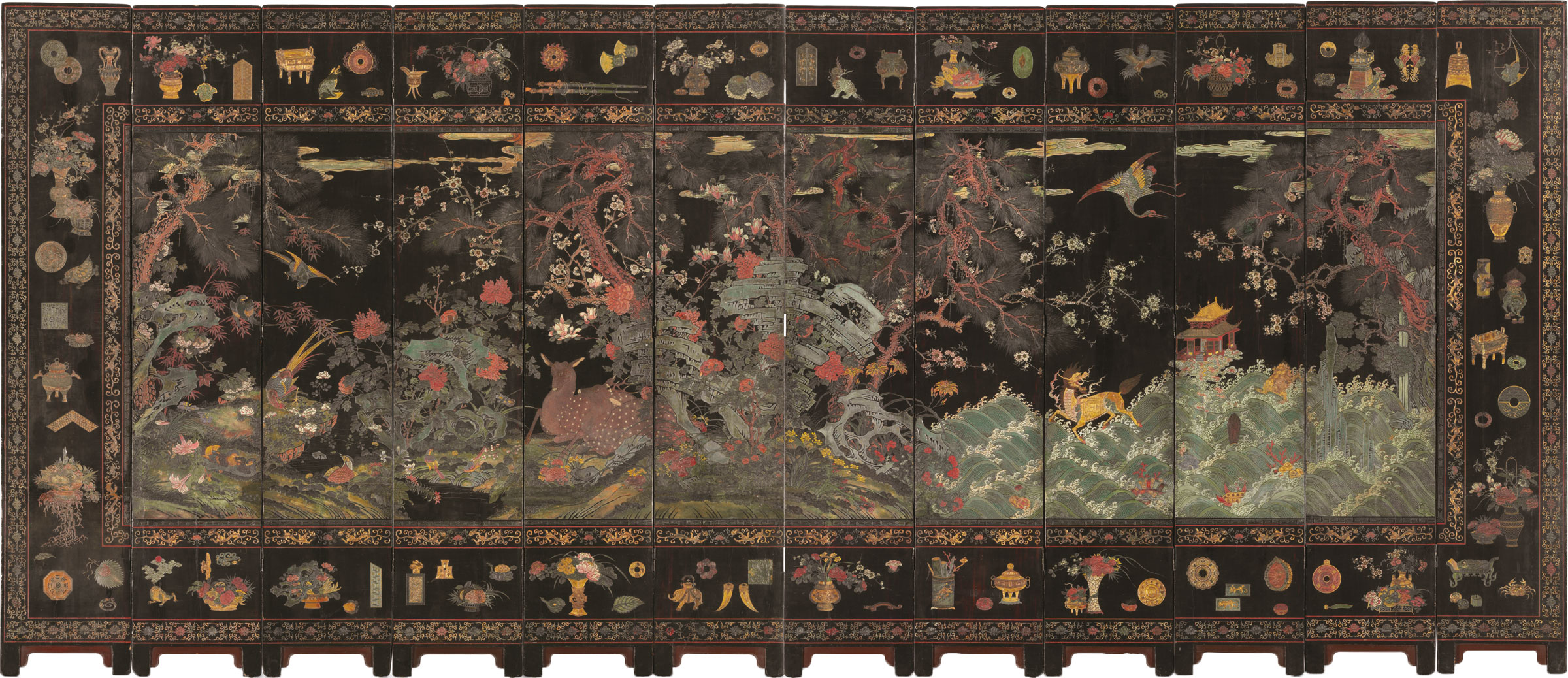 A magnificent 12-panel coromandel lacquer screen, Kangxi period (1662-1722). 107&frac34;  in (276.7  cm) high, 20⅞  in (52.5  cm) wide, ⅞  in (2.1  cm) deep, each panel. Sold for $200,000 on 14-15 September 2017 at Christie’s in New York