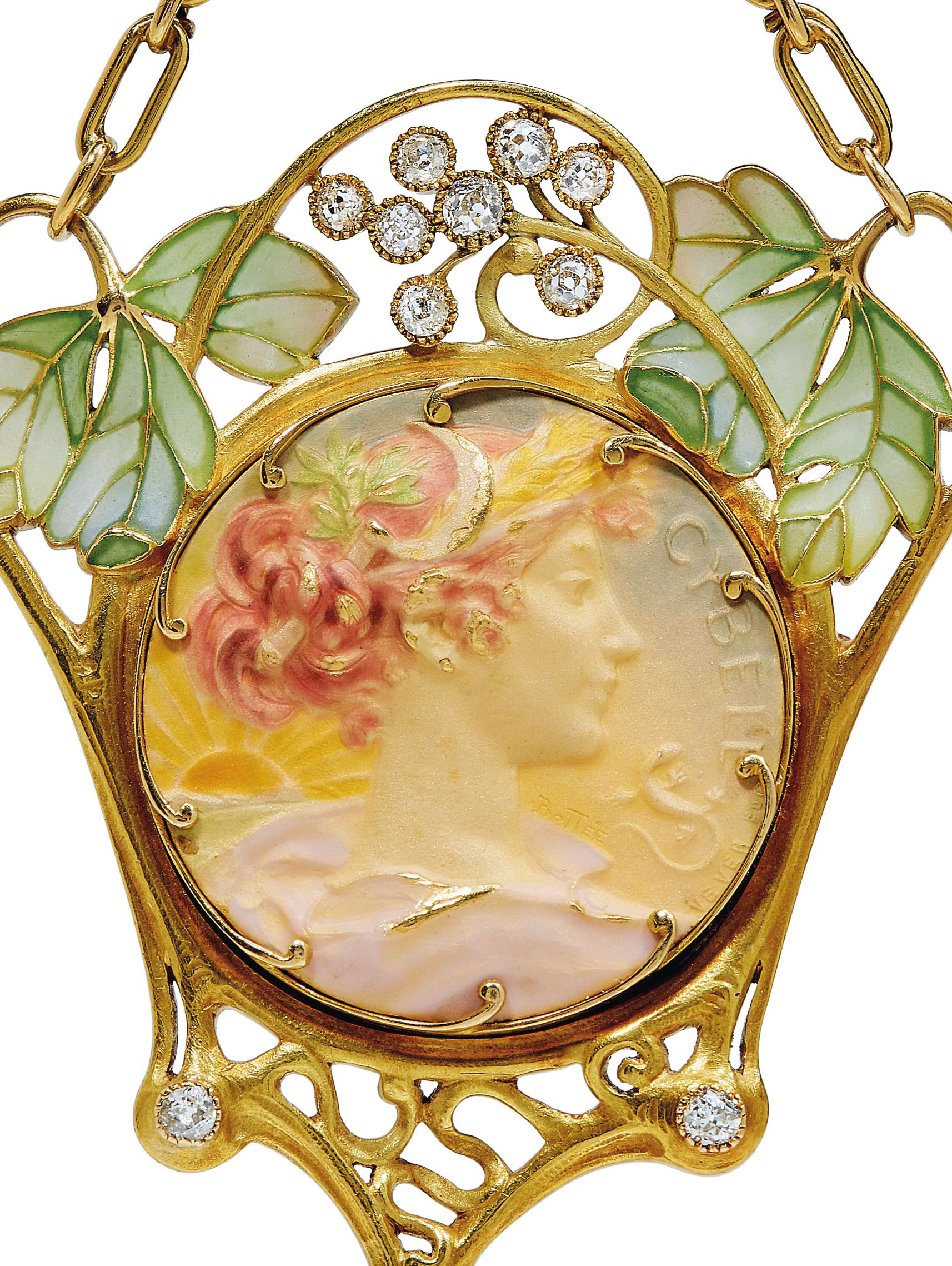 An Art Nouveau enamel, diamond and pearl pendant necklace, by Henri Vever, circa 1905. This lot was offered in Beyond Boundaries: Magnificent Jewels from a European Collection on 13 November 2017 at Christie’s in Geneva and sold for CHF 75,000