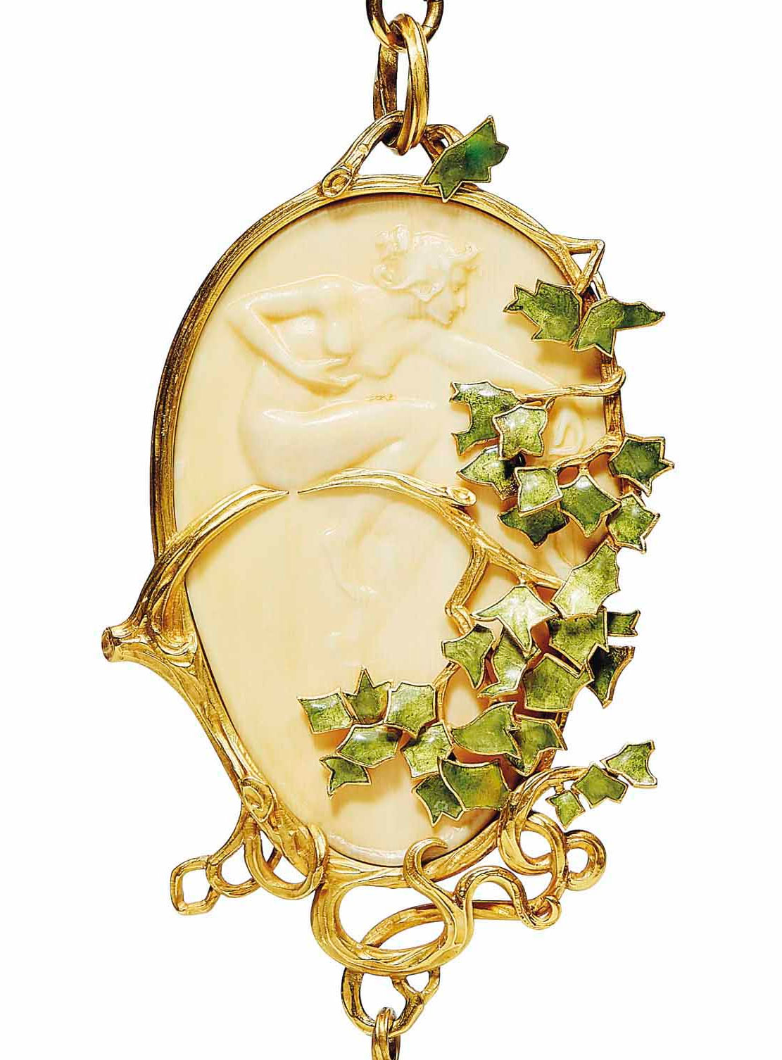 An Art Nouveau galalith, enamel and pearl pendant necklace, by René Lalique, circa 1899-1901. This lot was offered in Beyond Boundaries: Magnificent Jewels from a European Collection on 13 November 2017 at Christie’s in Geneva and sold for CHF 106,250