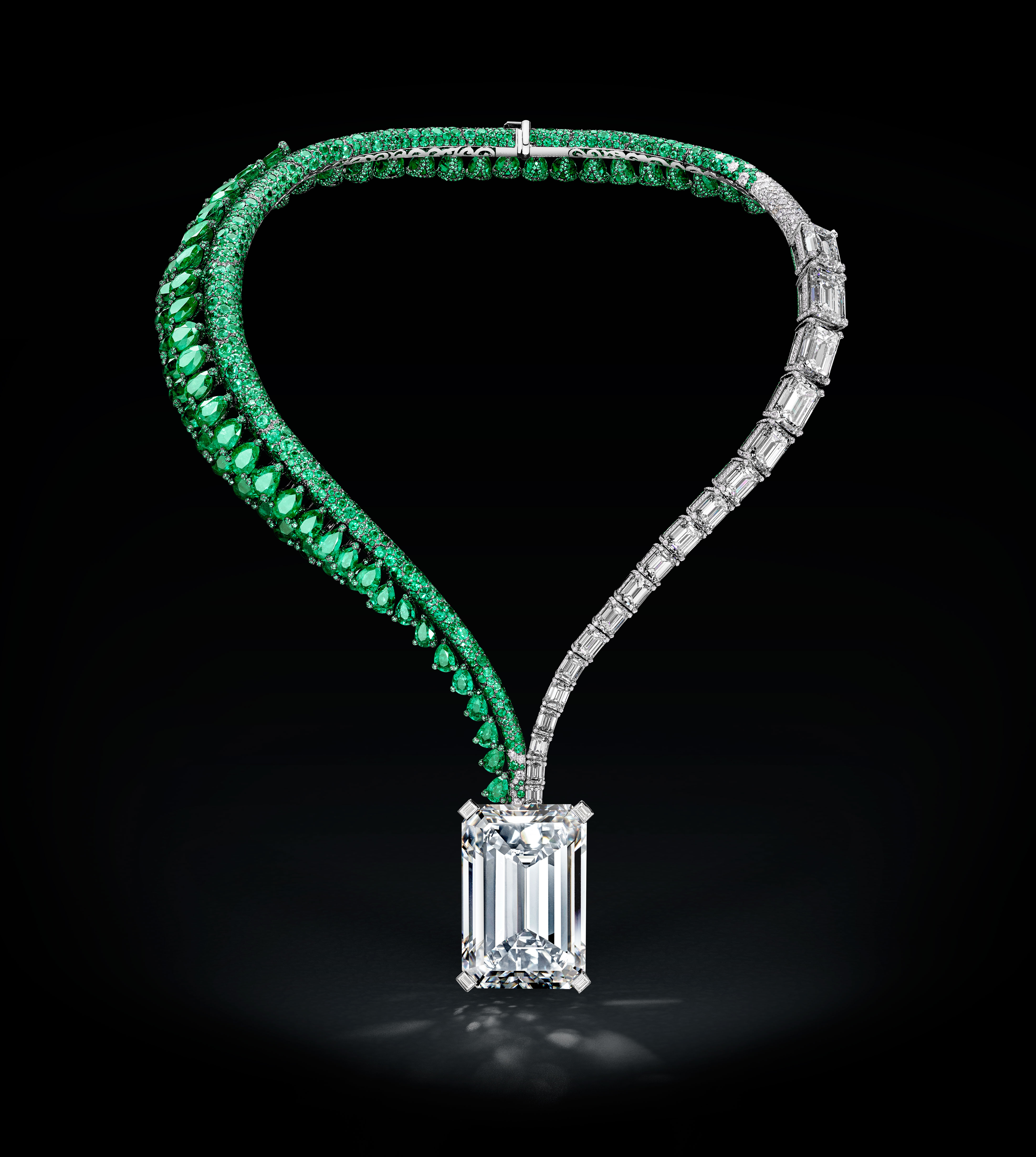 The largest D flawless diamond ever offered at auction: a sensational diamond and emerald necklace, by de Grisogono. Further accompanied by hardbound monograph from the GIA Gemological Institute of America featuring additional photography, data collection charts and gemmological research, attesting to the rarity of this  diamond. Estimate on request. This lot is offered in Magnificent Jewels on 14 November 2017  at Christie’s in Geneva