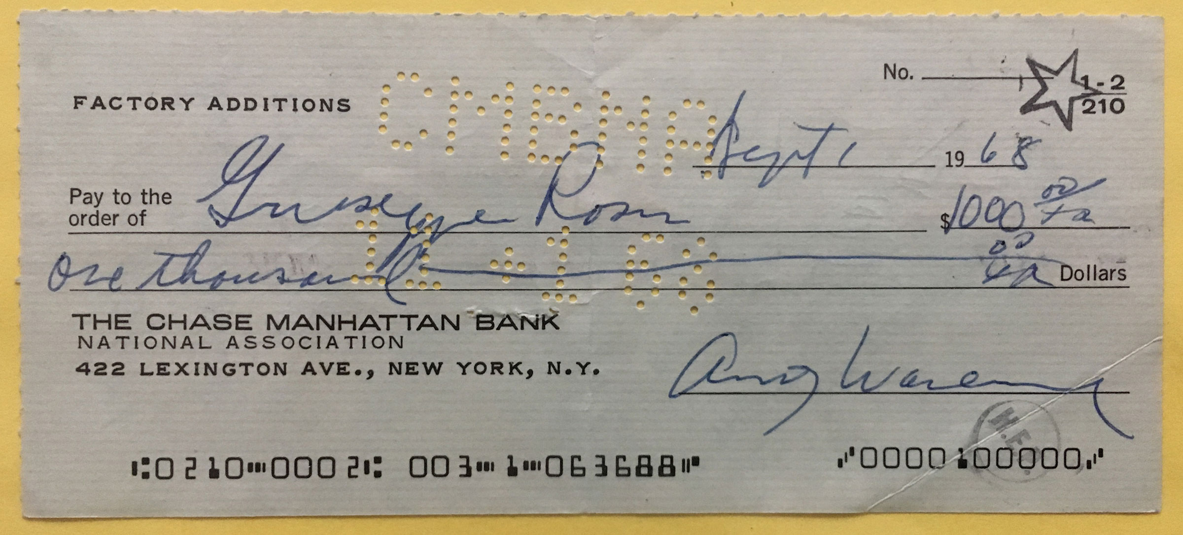 A cheque for $1,000 made to Dr Rossi and signed by Warhol in 1968, shortly after the operation that saved his life. The cheque bounced and was returned to the surgeon’s office. It is now framed and hangs in the Rossi home