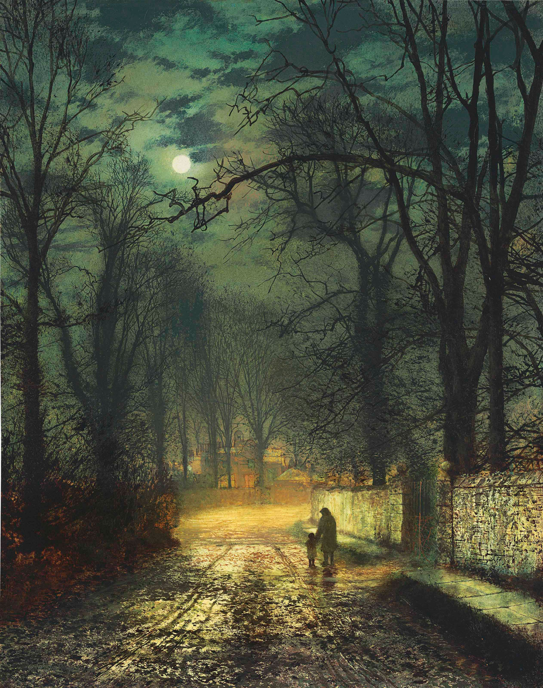 John Atkinson Grimshaw (1836-1893), A Moonlit Lane, 1874. 21½ x 17⅛ in (54.6 x 43.5 cm). Estimate: $250,000-400,000. This lot is offered in 19th Century European Art on 31 October at Christie’s in New York