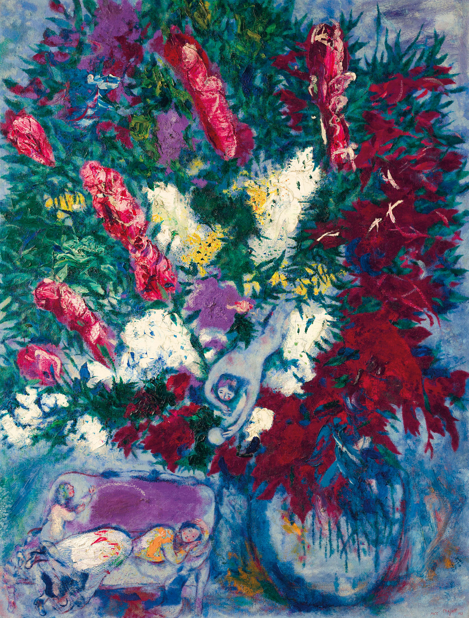 Marc Chagall (1887-1985), Vase de fleurs et personnages, 1928. 45⅞ x 35  in (116.6 x 88.9  cm). Estimate: $4,000,000-6,000,000. This lot is offered in the&nbsp;Impressionist &amp; Modern Art Evening Sale on 13 November 2017  at Christie&rsquo;s in New York